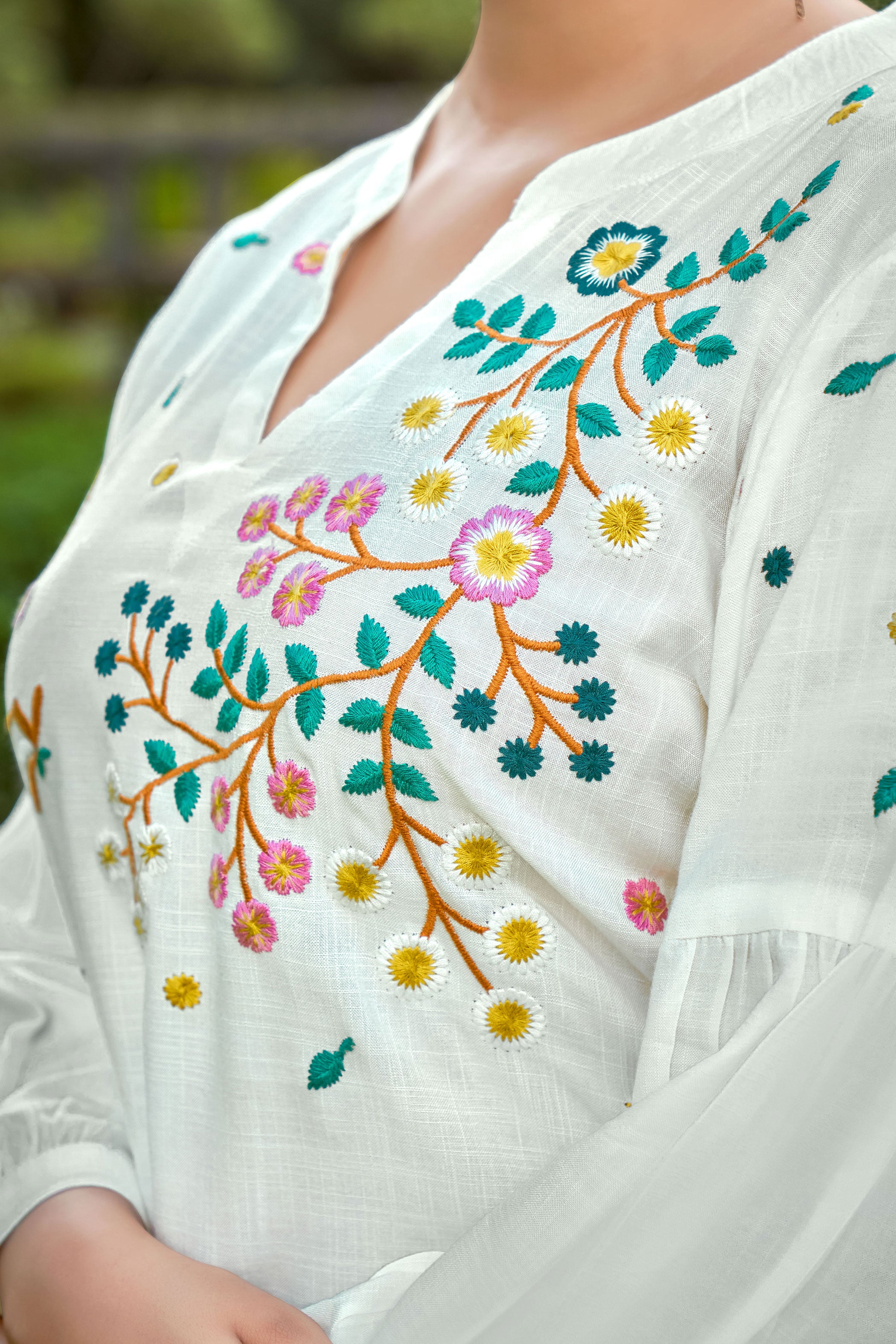 Floral Embroidered Mandarin Collar A-Line Kurti