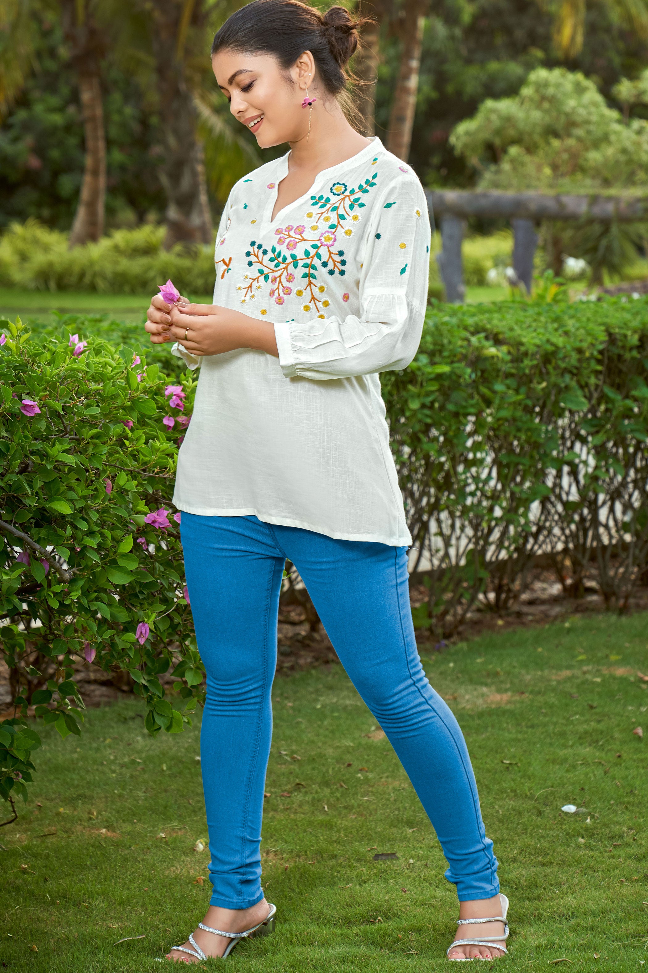 Floral Embroidered Mandarin Collar A-Line Kurti