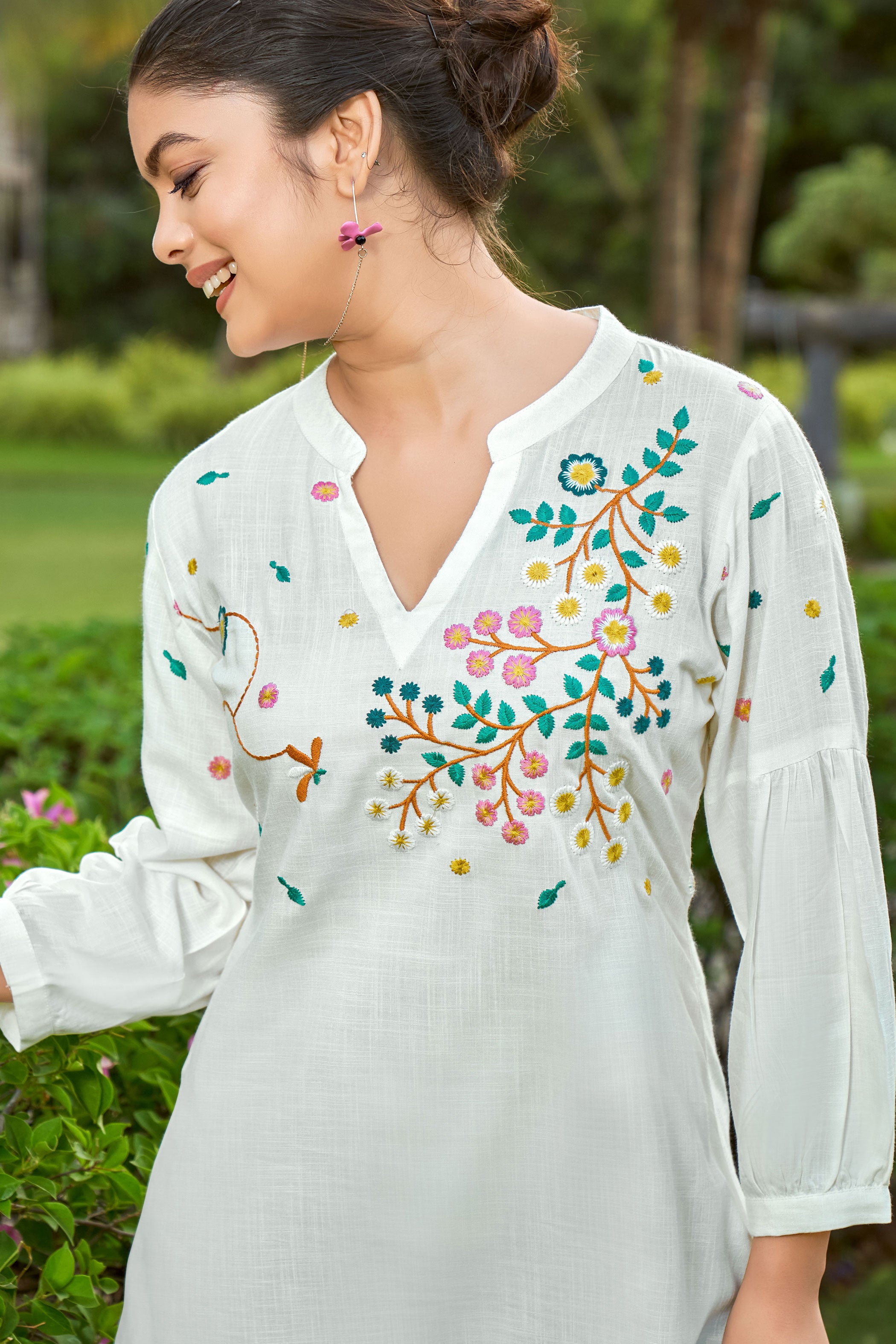 Floral Embroidered Mandarin Collar A-Line Kurti