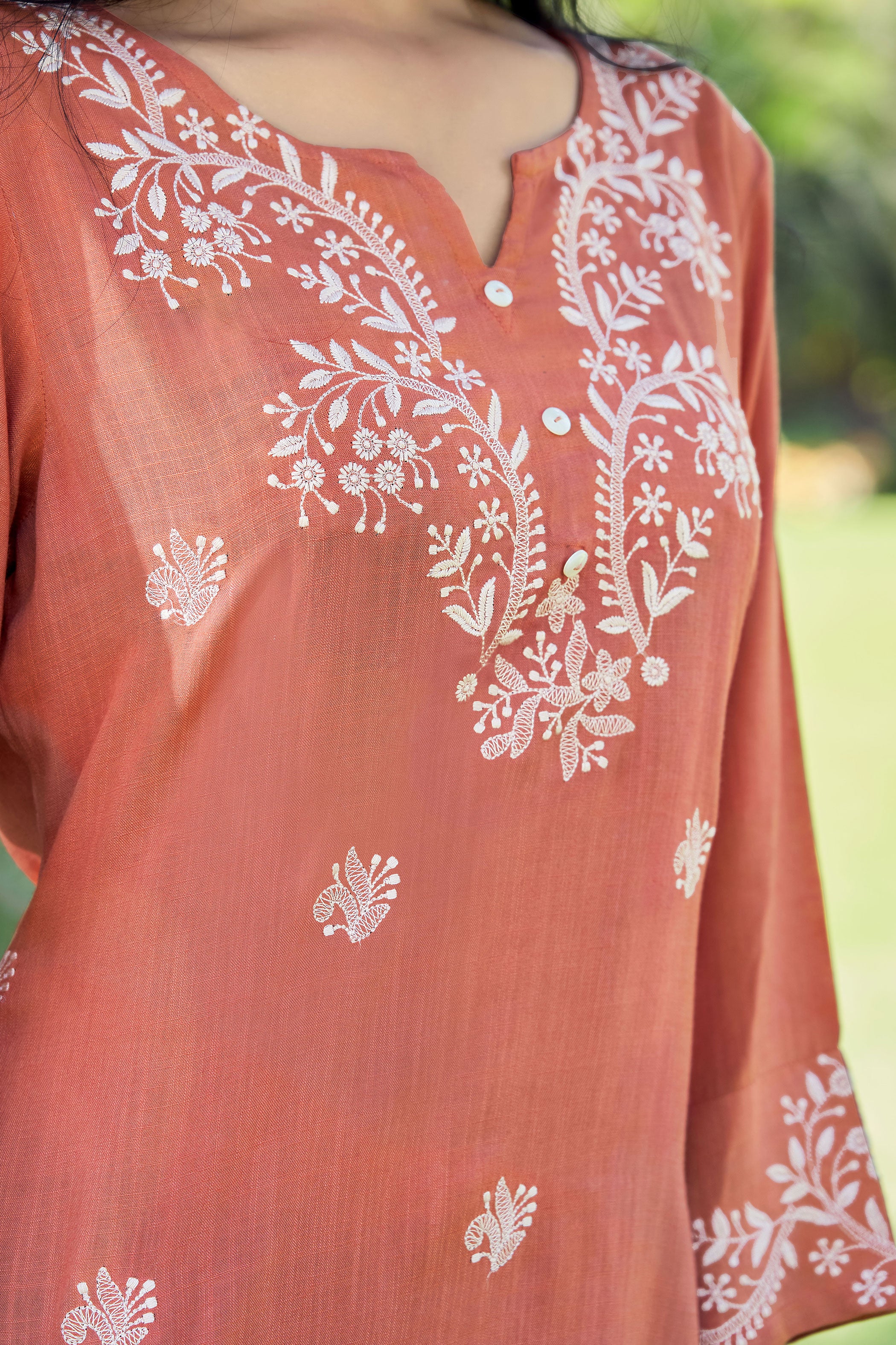 Floral Embroidered Notch Neck Straight Kurti