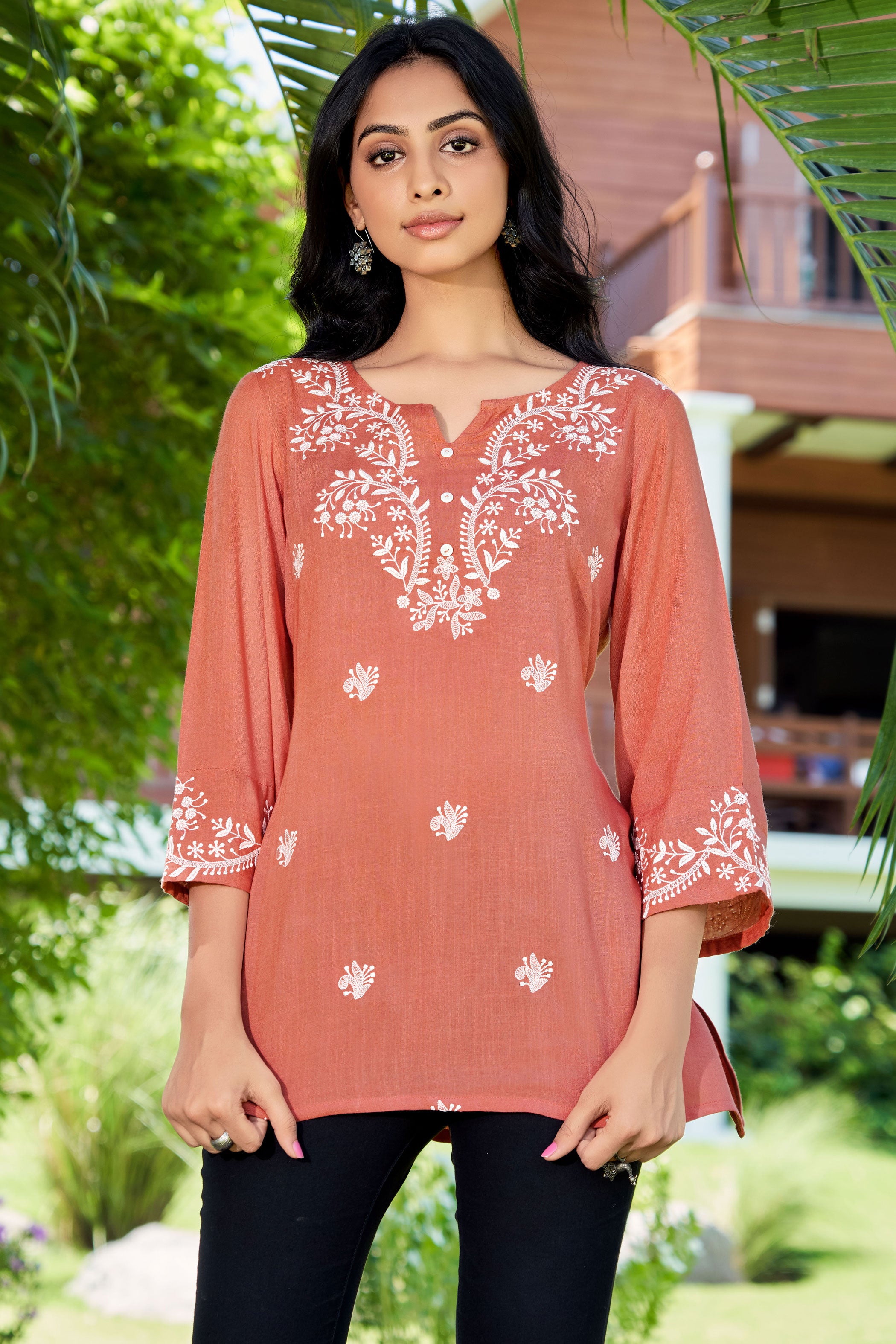Floral Embroidered Notch Neck Straight Kurti