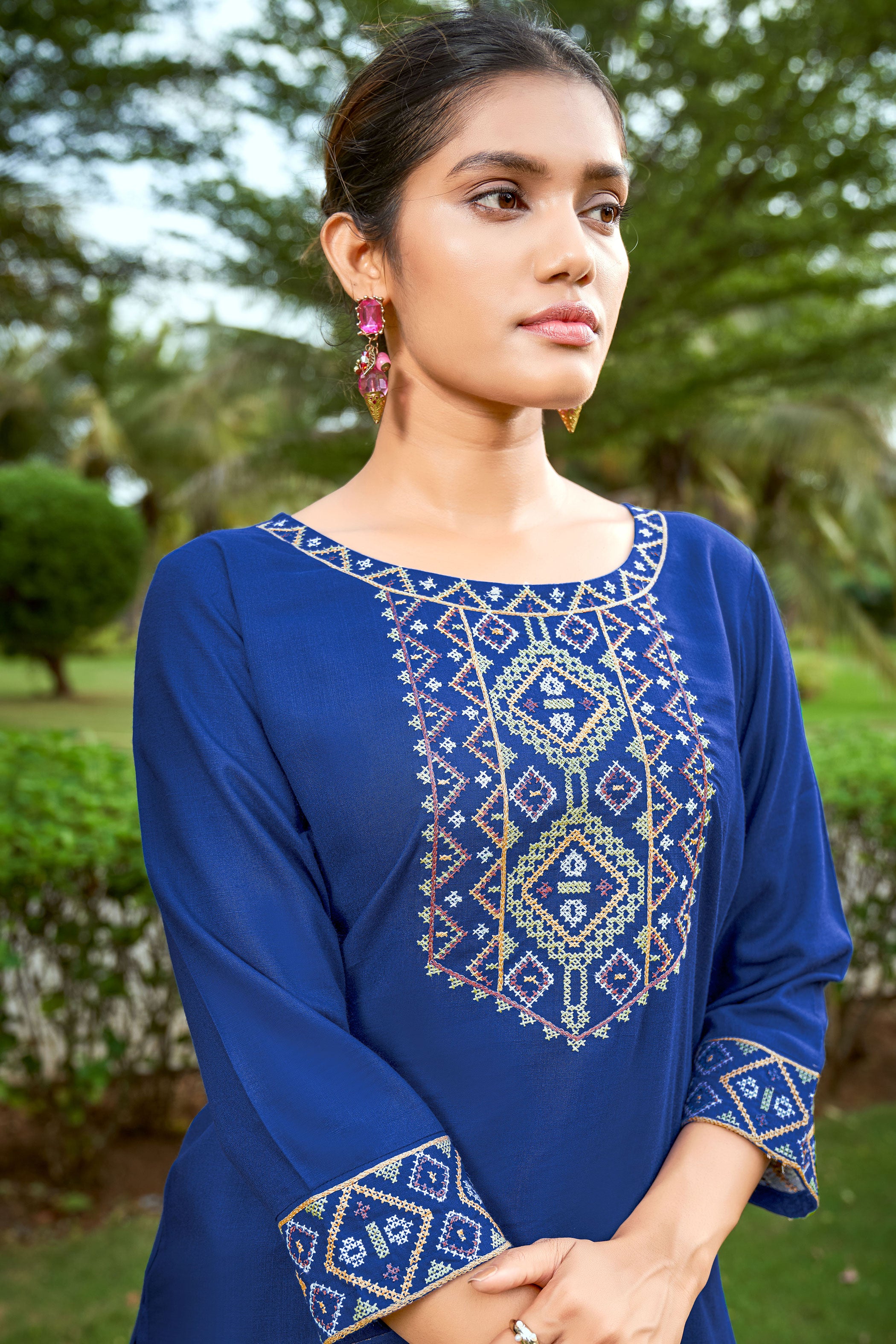 Floral Yoke Design Round Neck A-Line Short Kurti