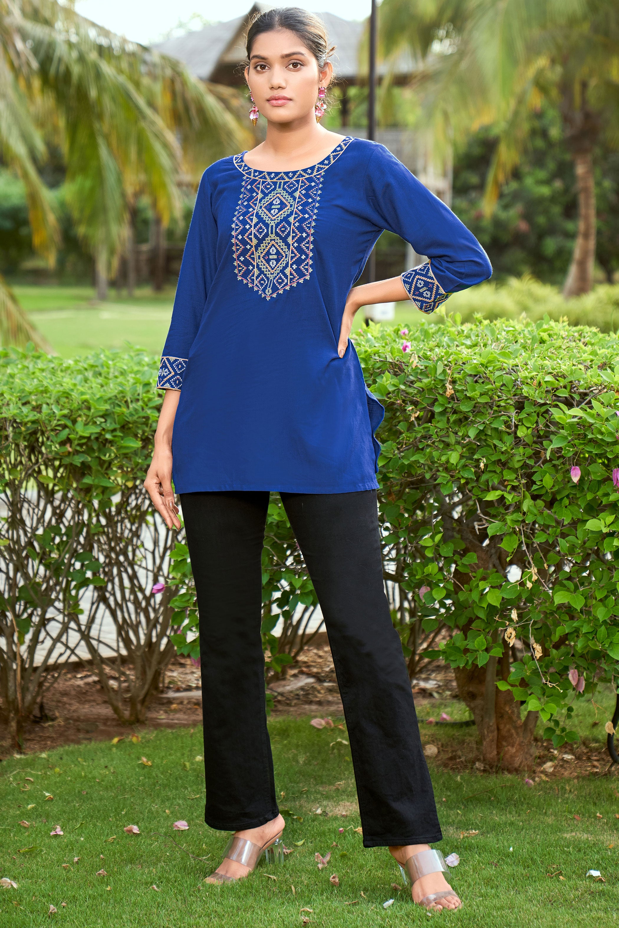 Floral Yoke Design Round Neck A-Line Short Kurti