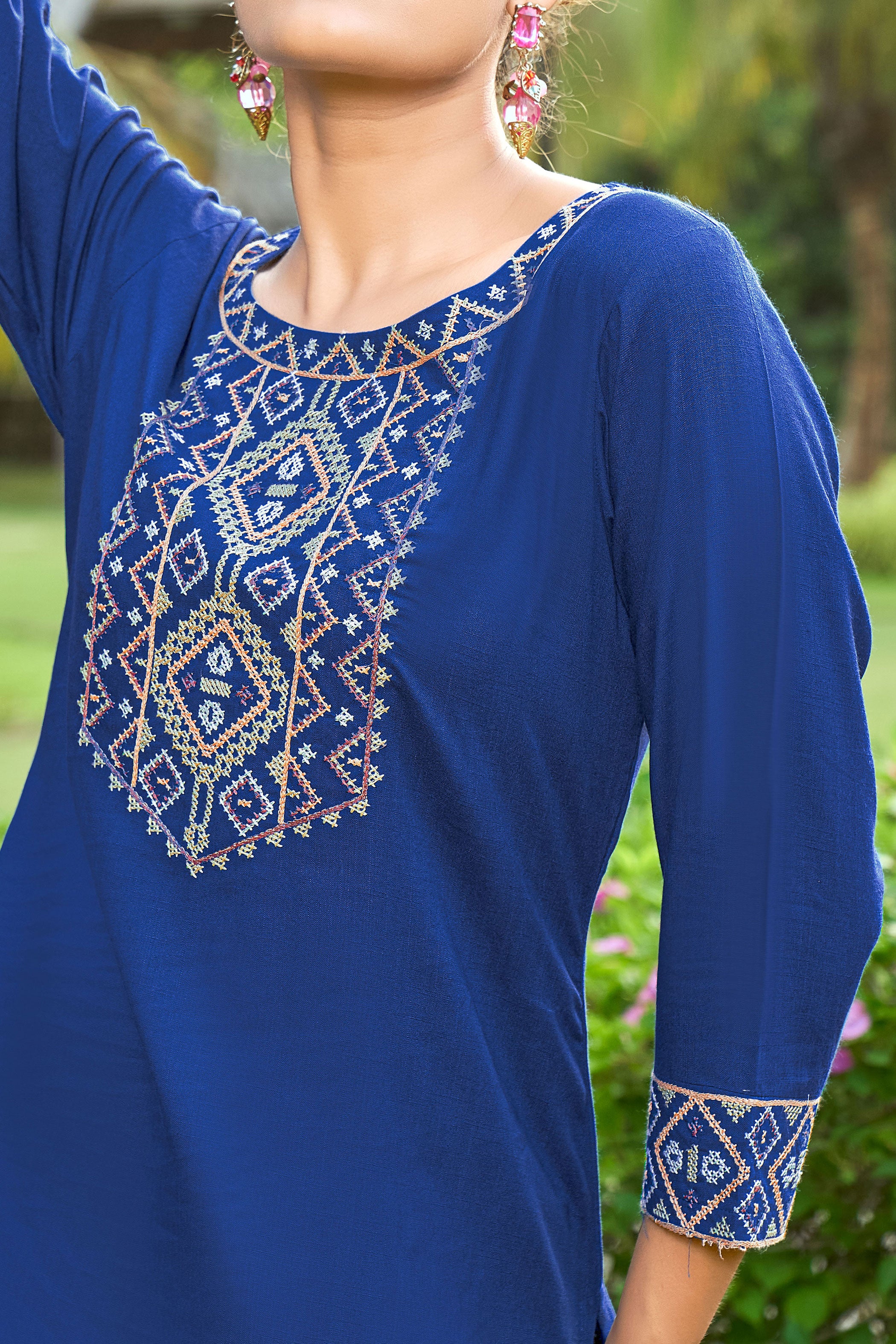 Floral Yoke Design Round Neck A-Line Short Kurti