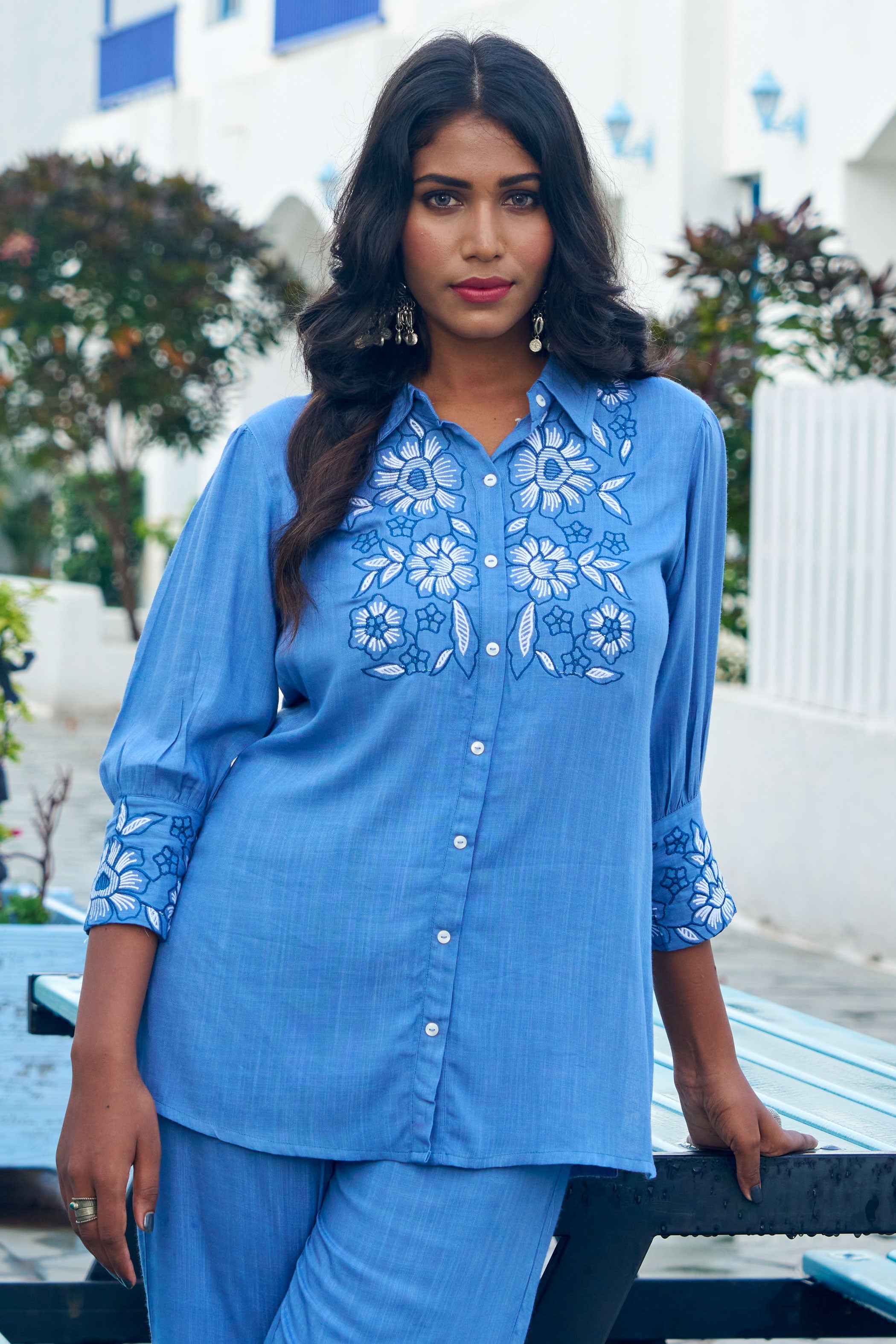 Blue and white Embroidered Liva Shirt With Trouser