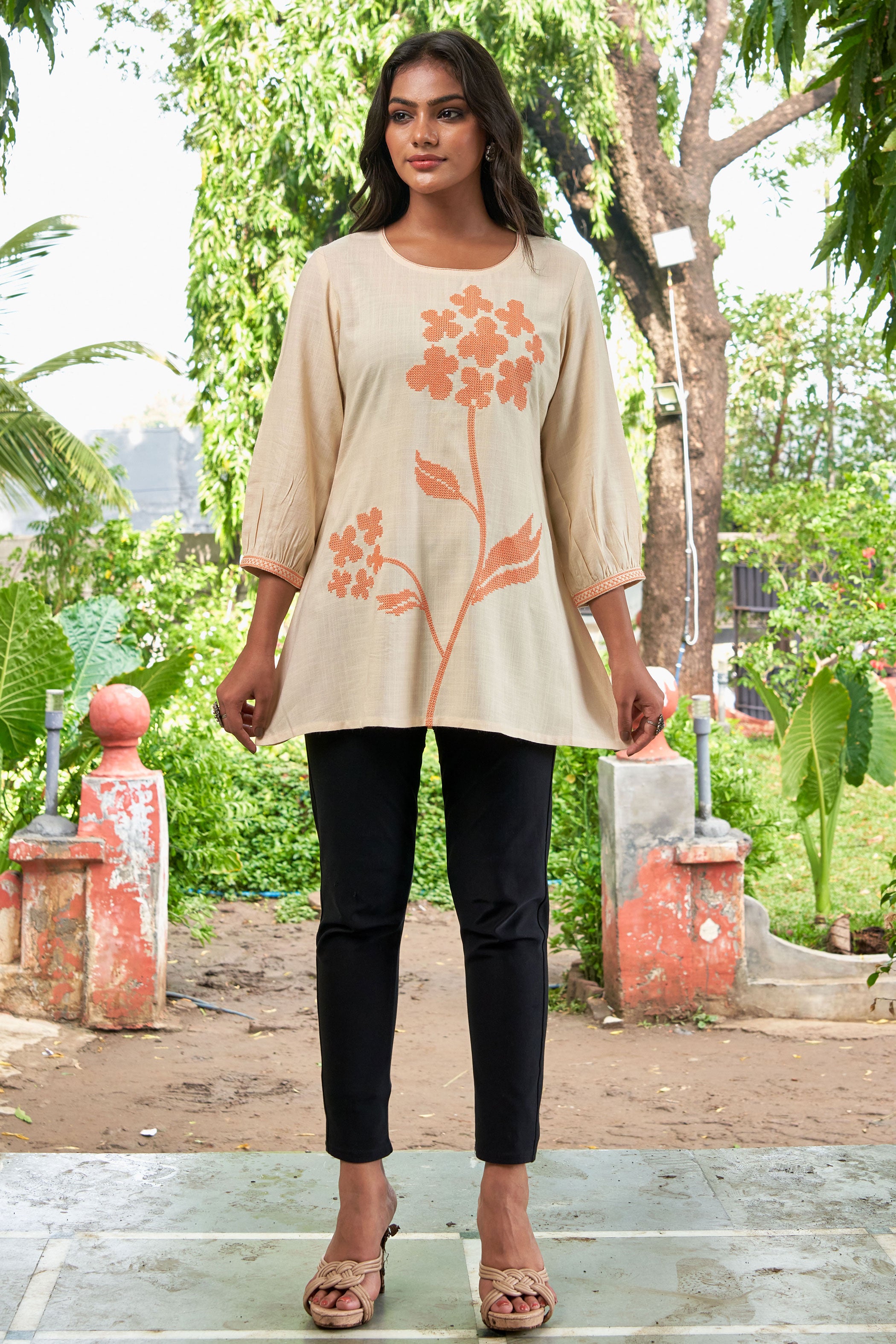Floral Embroidered Liva A-Line Tunic