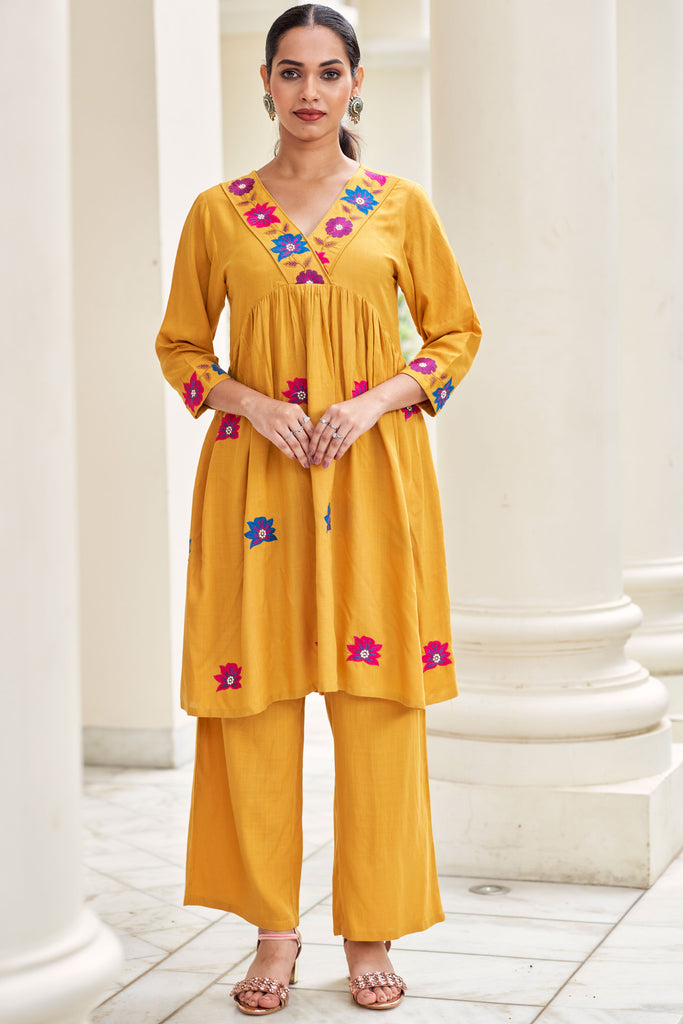 Mustard Yellow V-Neck Embroidered Liva Top With Trousers