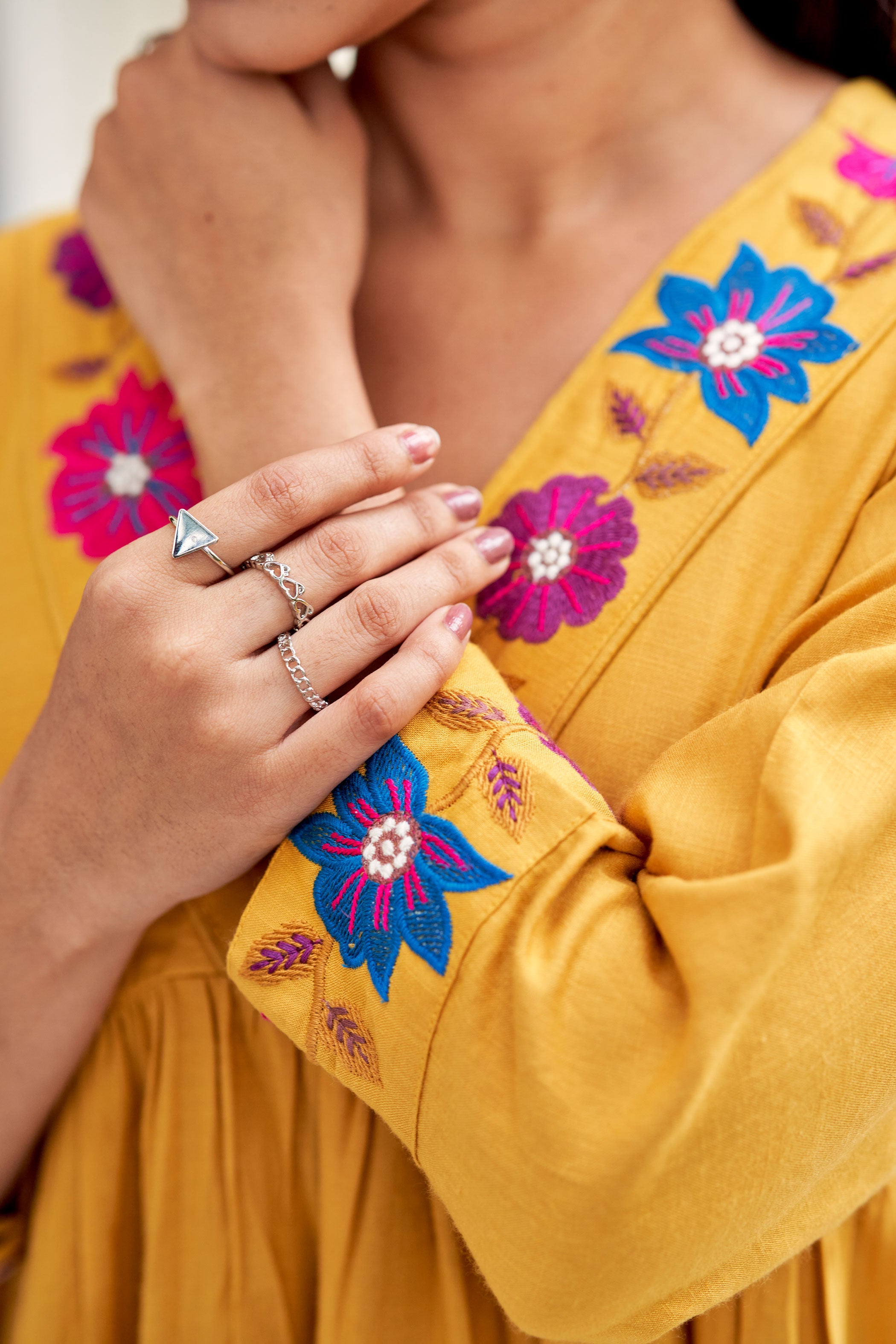 Mustard Yellow V-Neck Embroidered Liva Top With Trousers