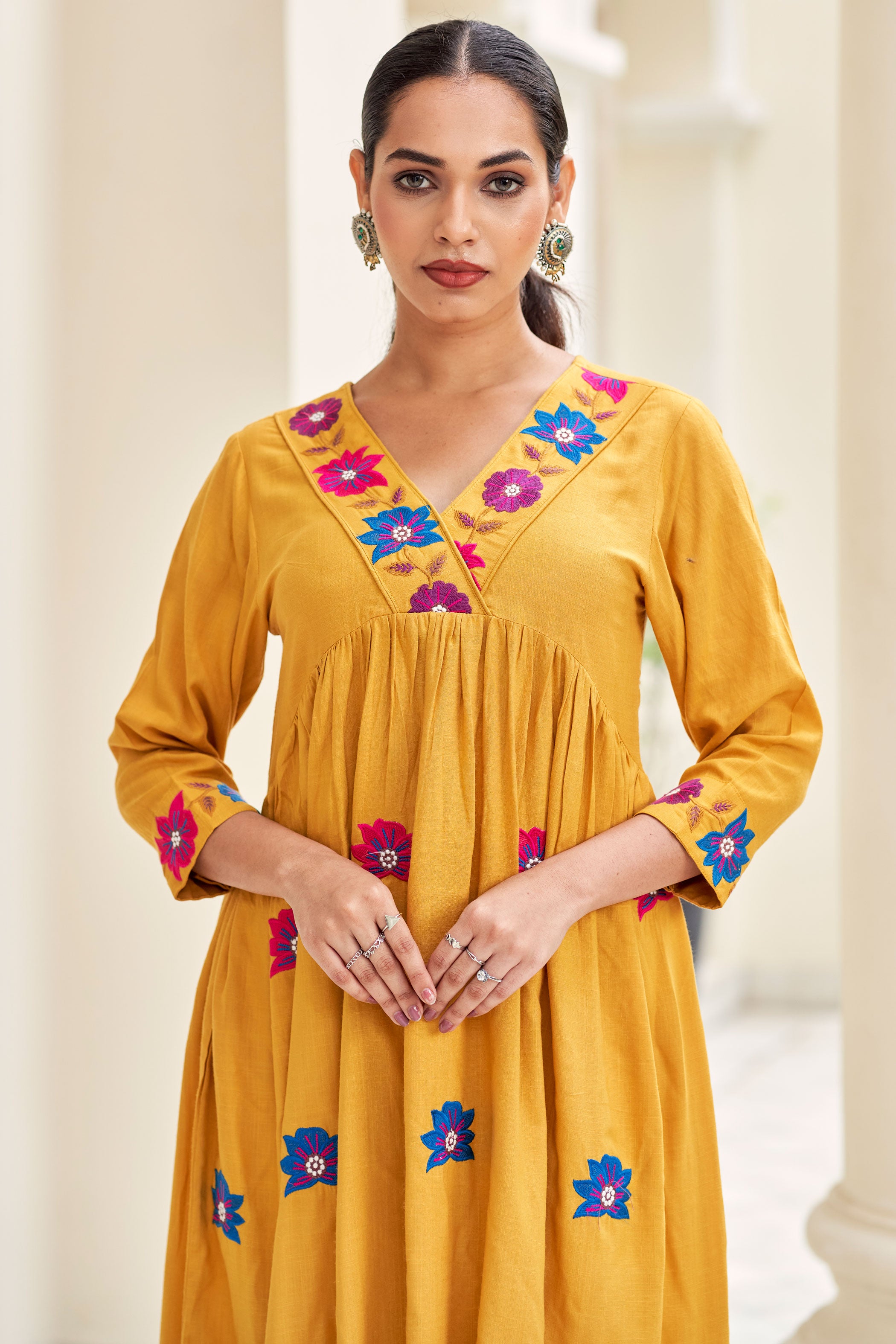 Mustard Yellow V-Neck Embroidered Liva Top With Trousers