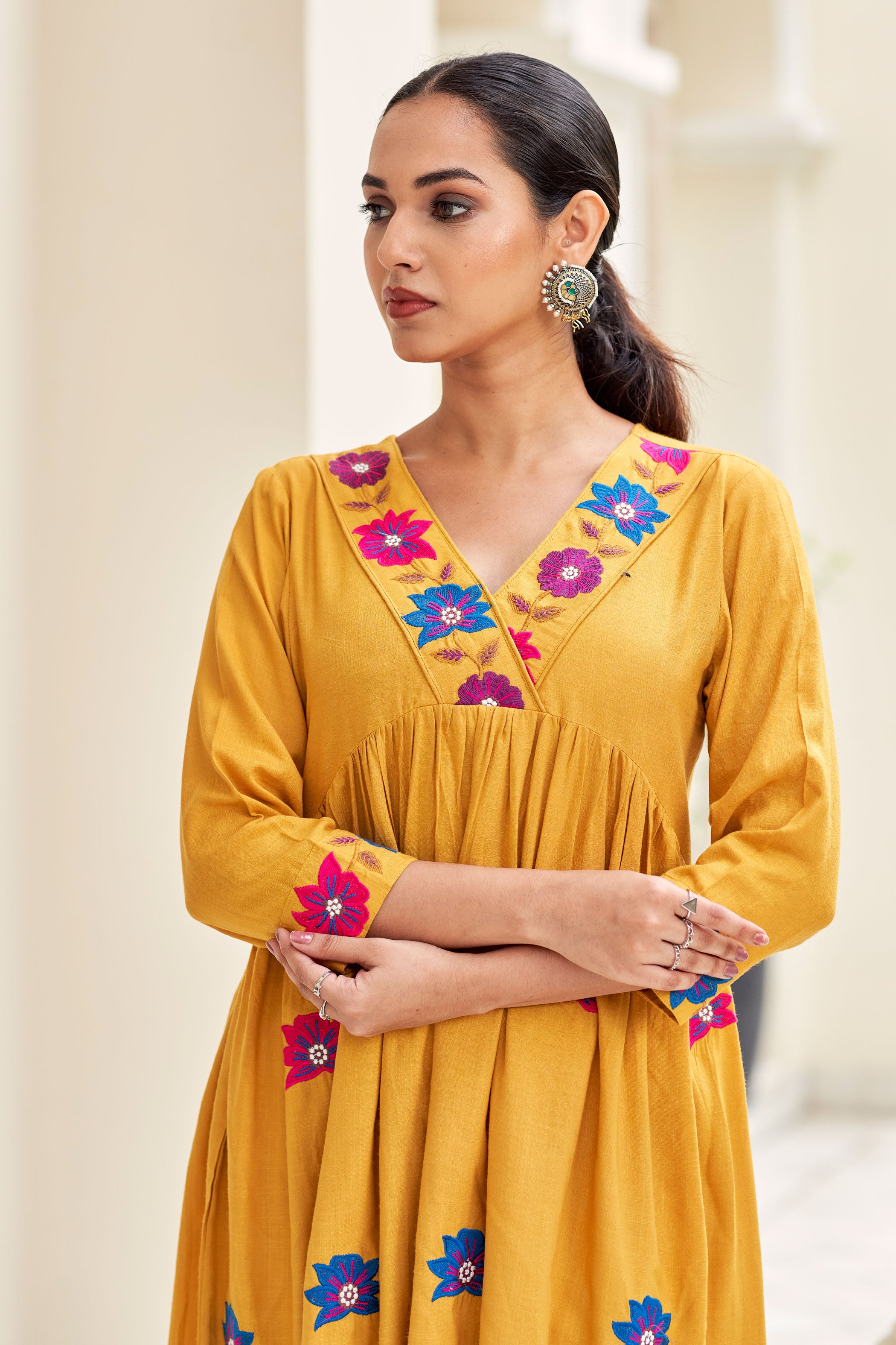 Mustard Yellow V-Neck Embroidered Liva Top With Trousers