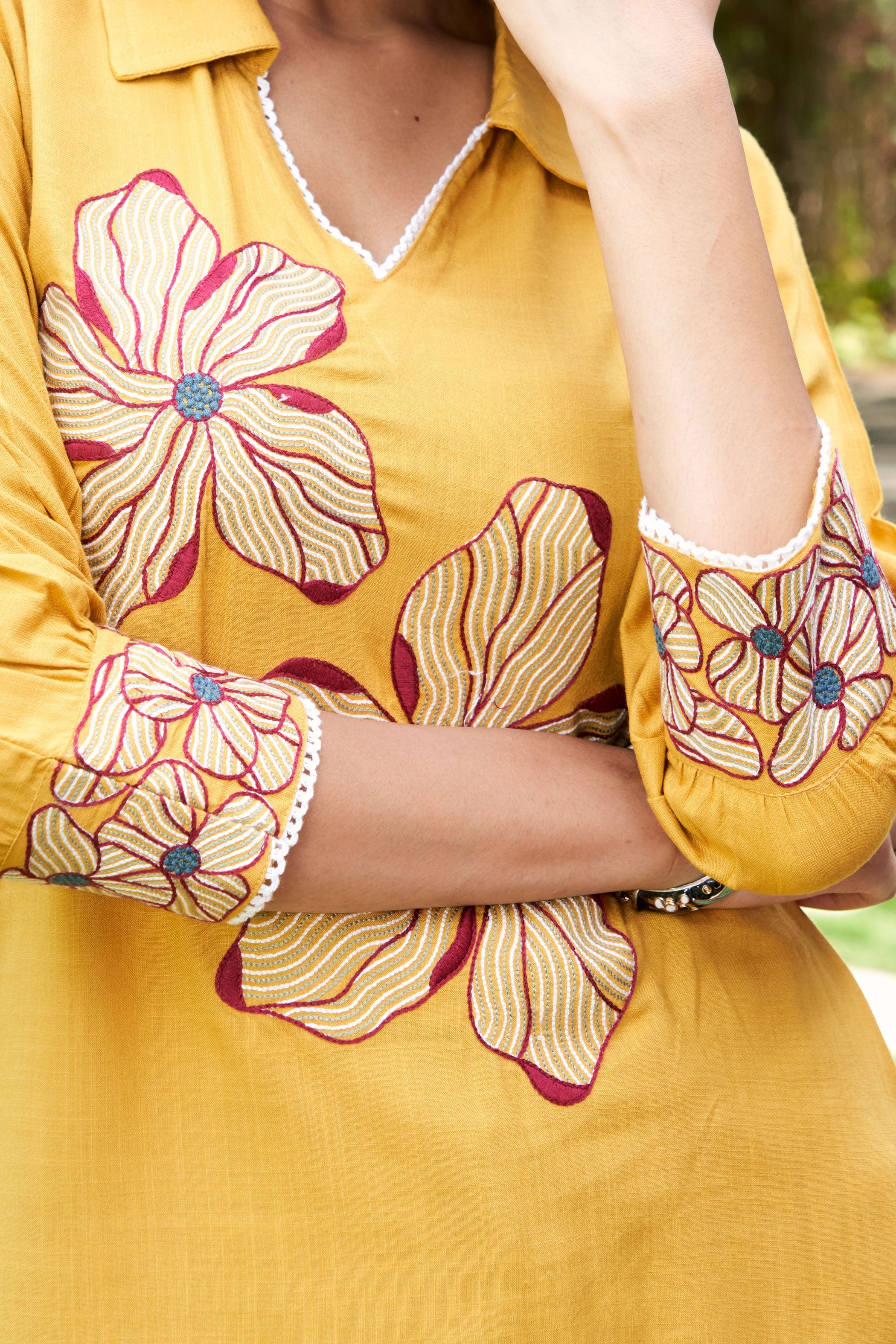 Mustard Yellow Embroidered Thread Work Shirt Collar Liva Straight Kurta