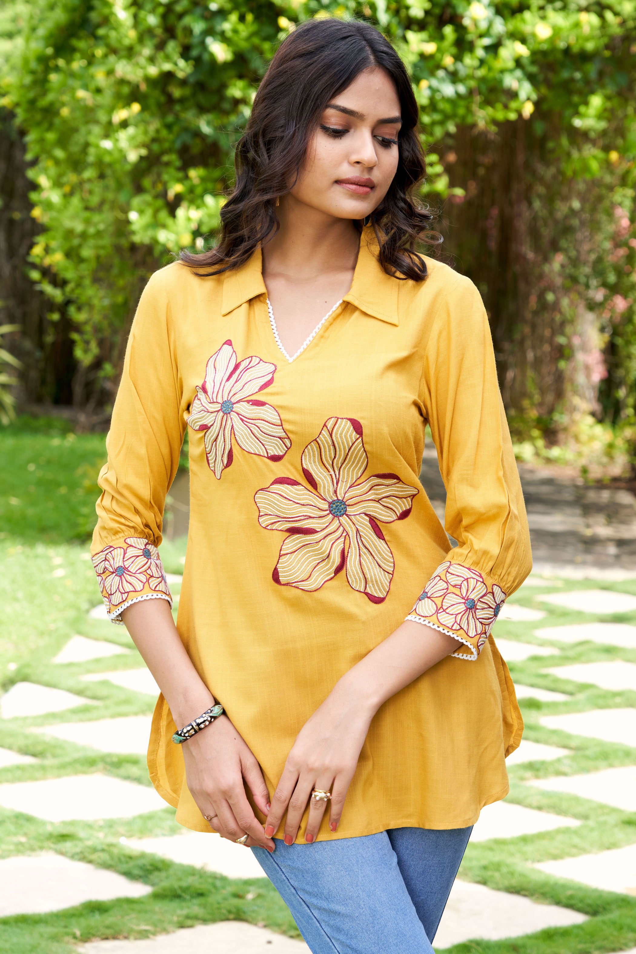 Mustard Yellow Embroidered Thread Work Shirt Collar Liva Straight Kurta