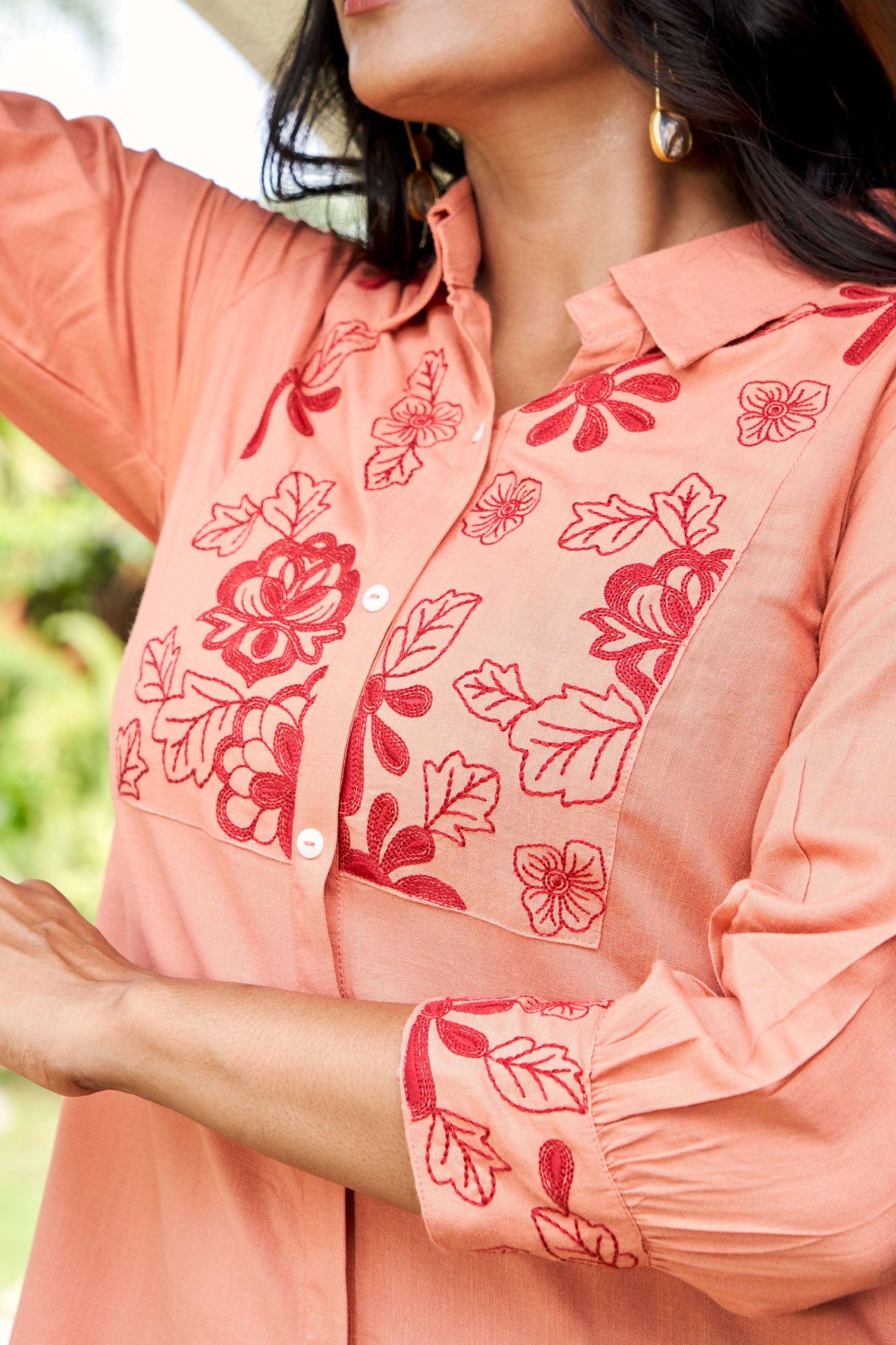 Rust Floral Embroidered Liva Casual Shirt