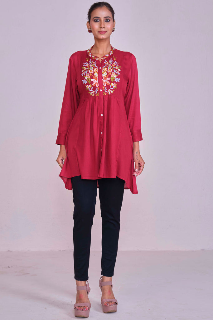 Floral Embroidered Mandarin Collar A-Line Liva Kurta
