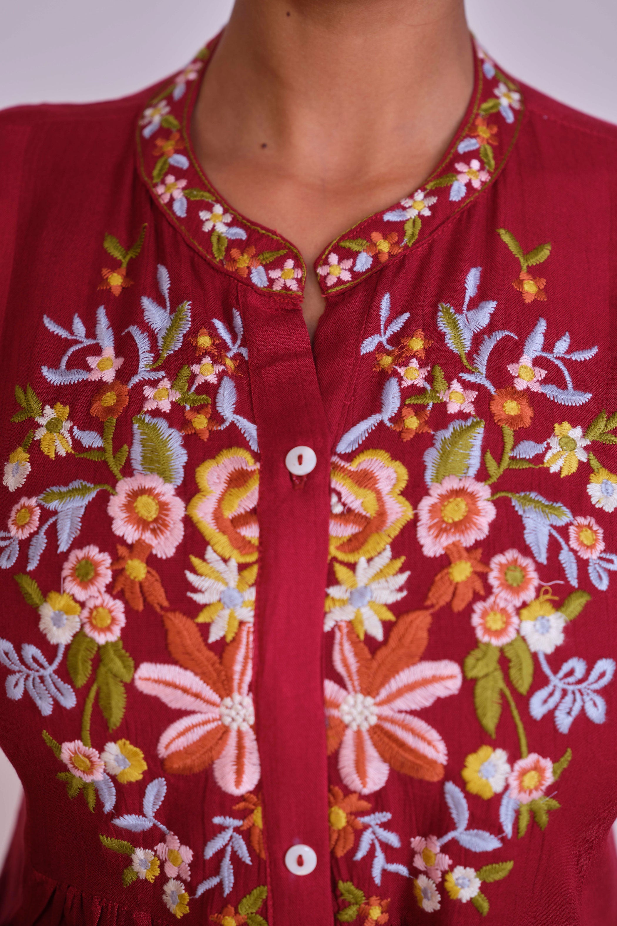 Floral Embroidered Mandarin Collar A-Line Liva Kurta