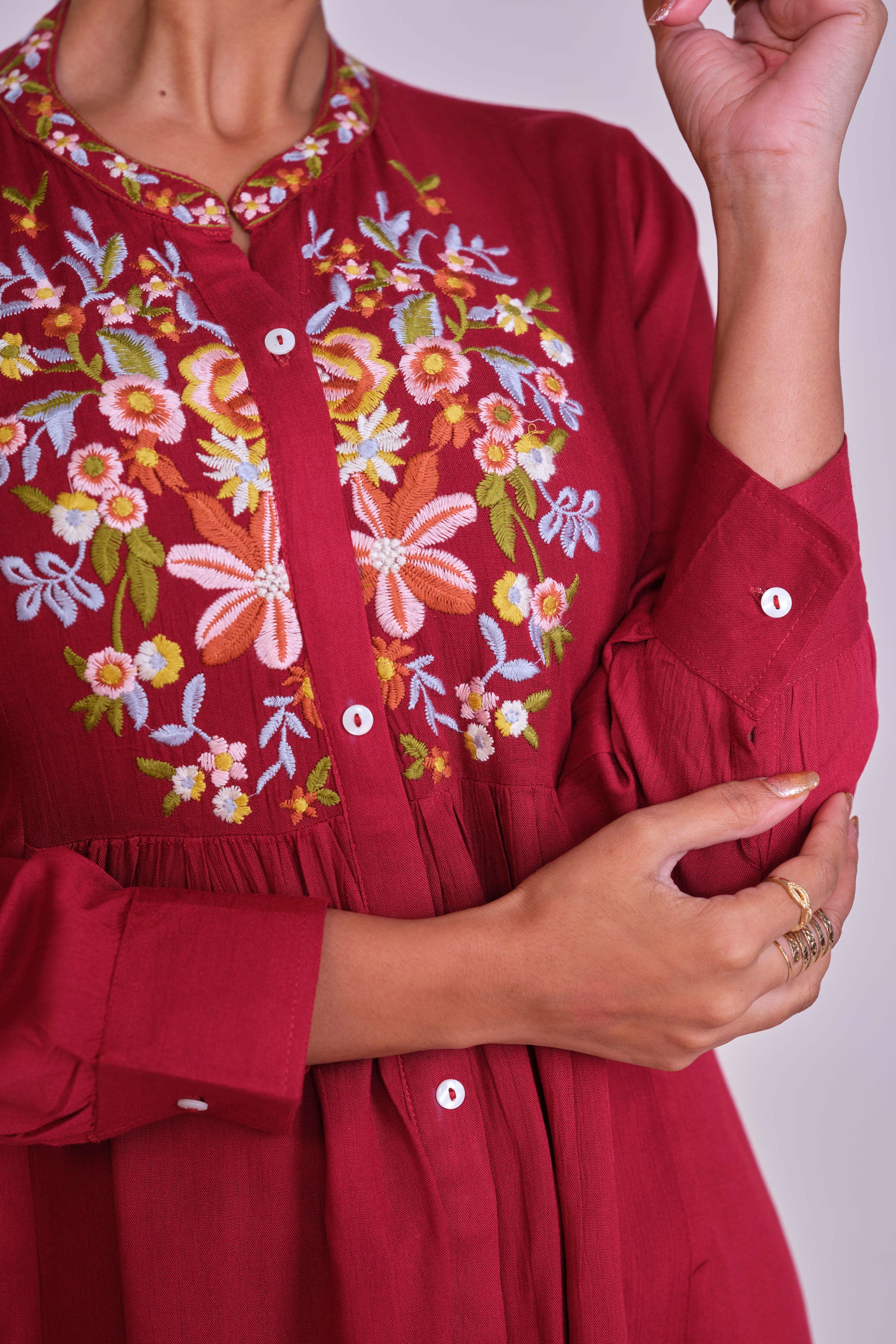 Floral Embroidered Mandarin Collar A-Line Liva Kurta