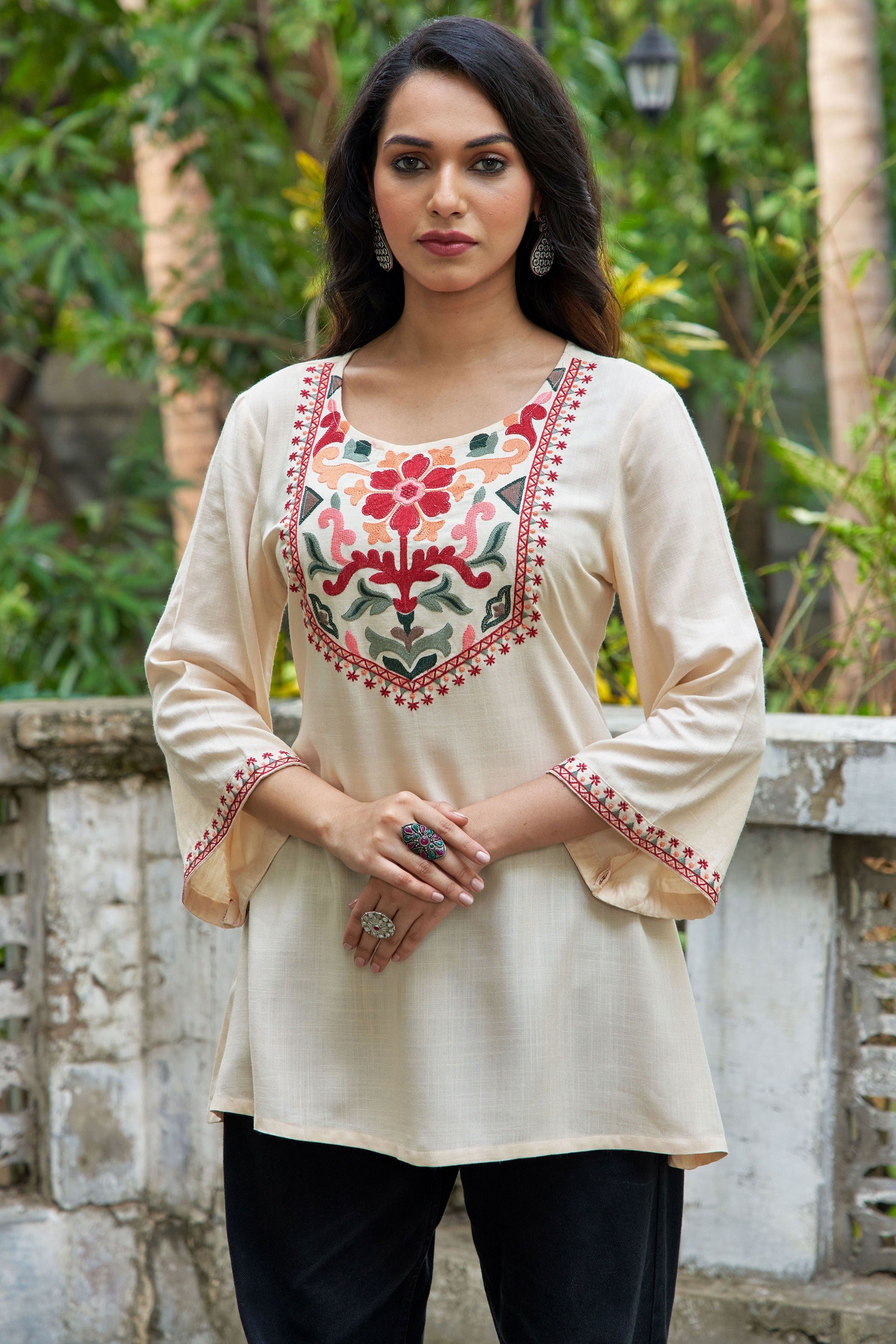 Floral Embroidered Liva A-Line Tunic