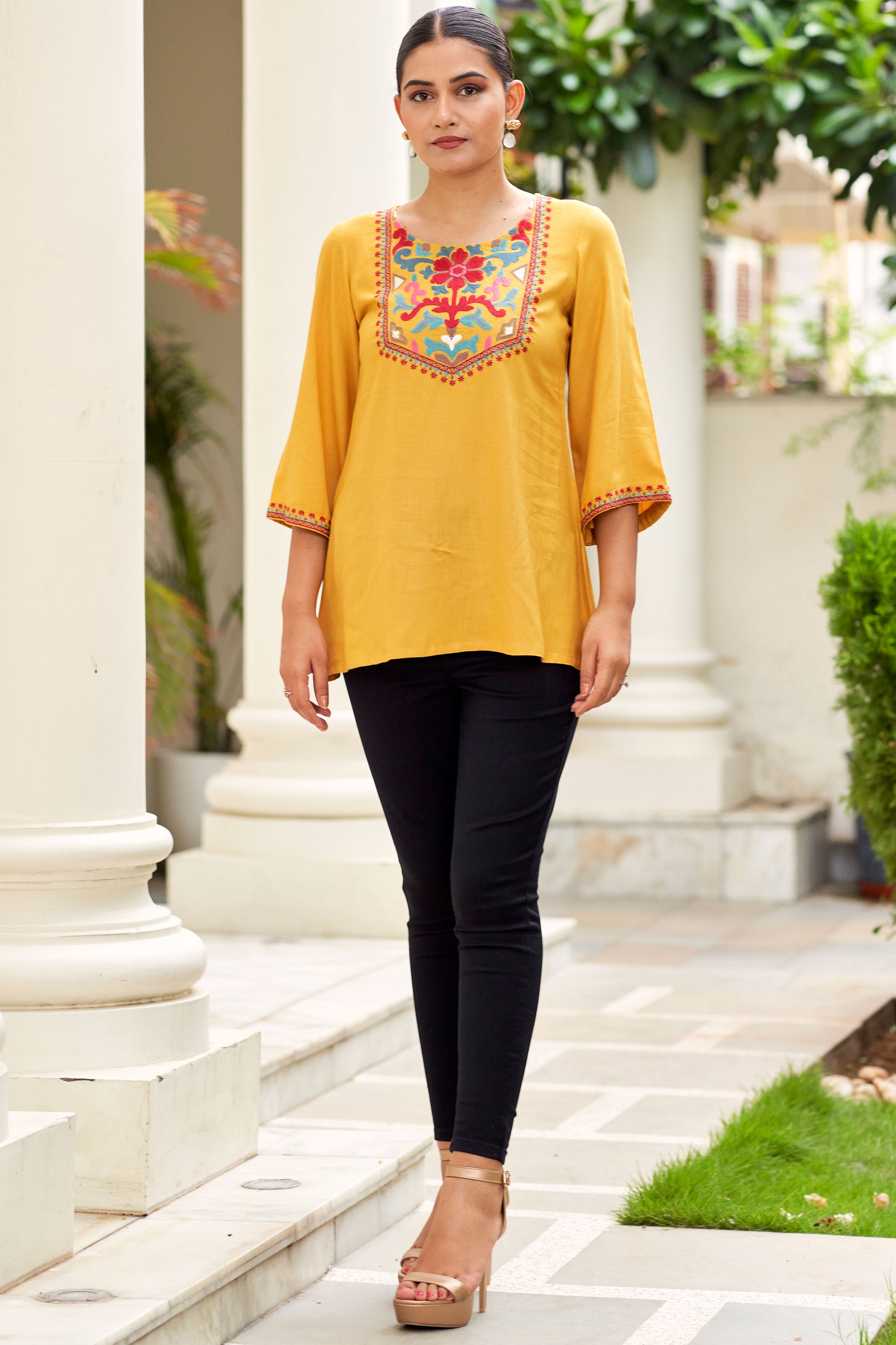 Mustard Yellow And Red Embroidered Flared Sleeves Thread Work Liva Straight Kurta
