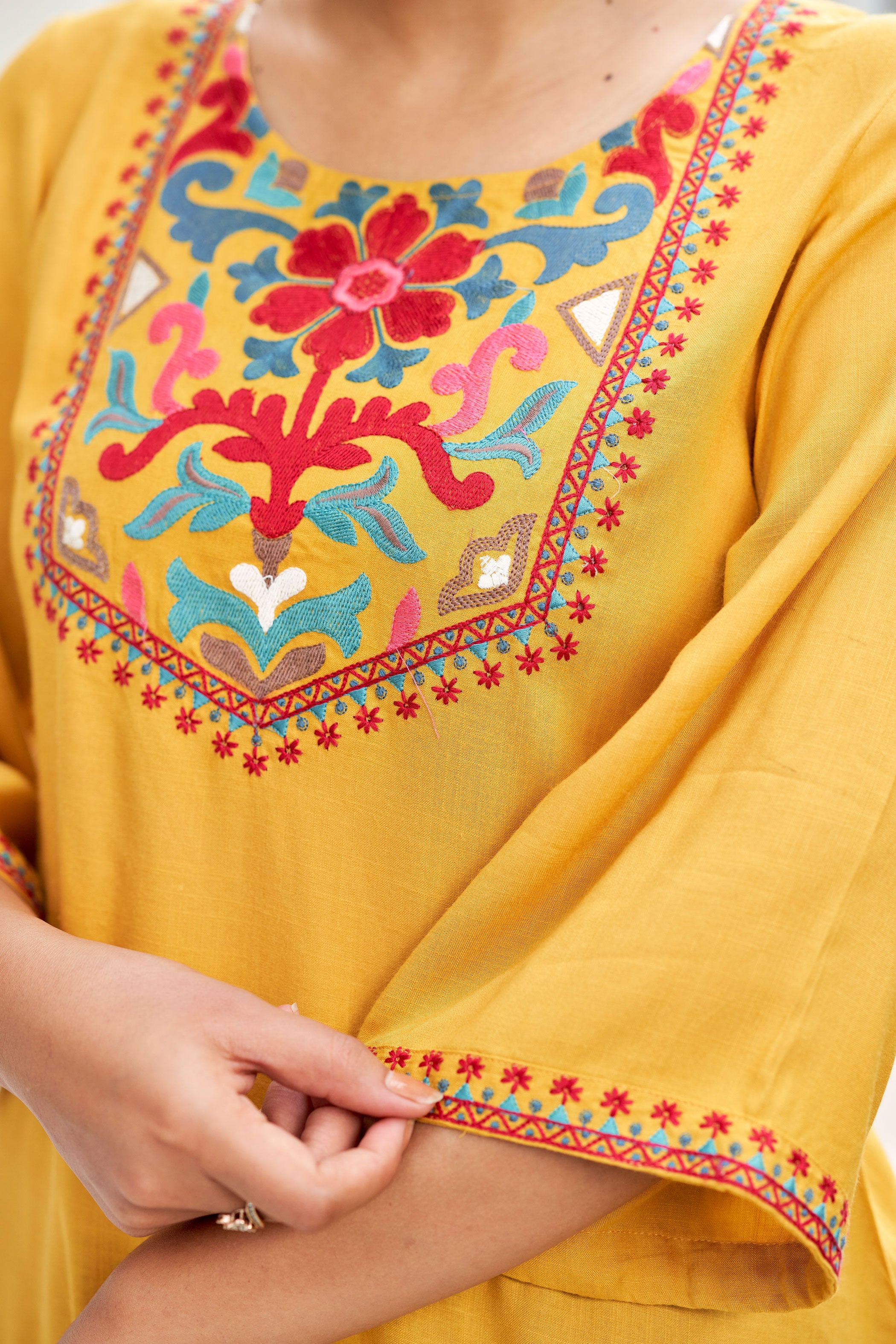 Mustard Yellow And Red Embroidered Flared Sleeves Thread Work Liva Straight Kurta