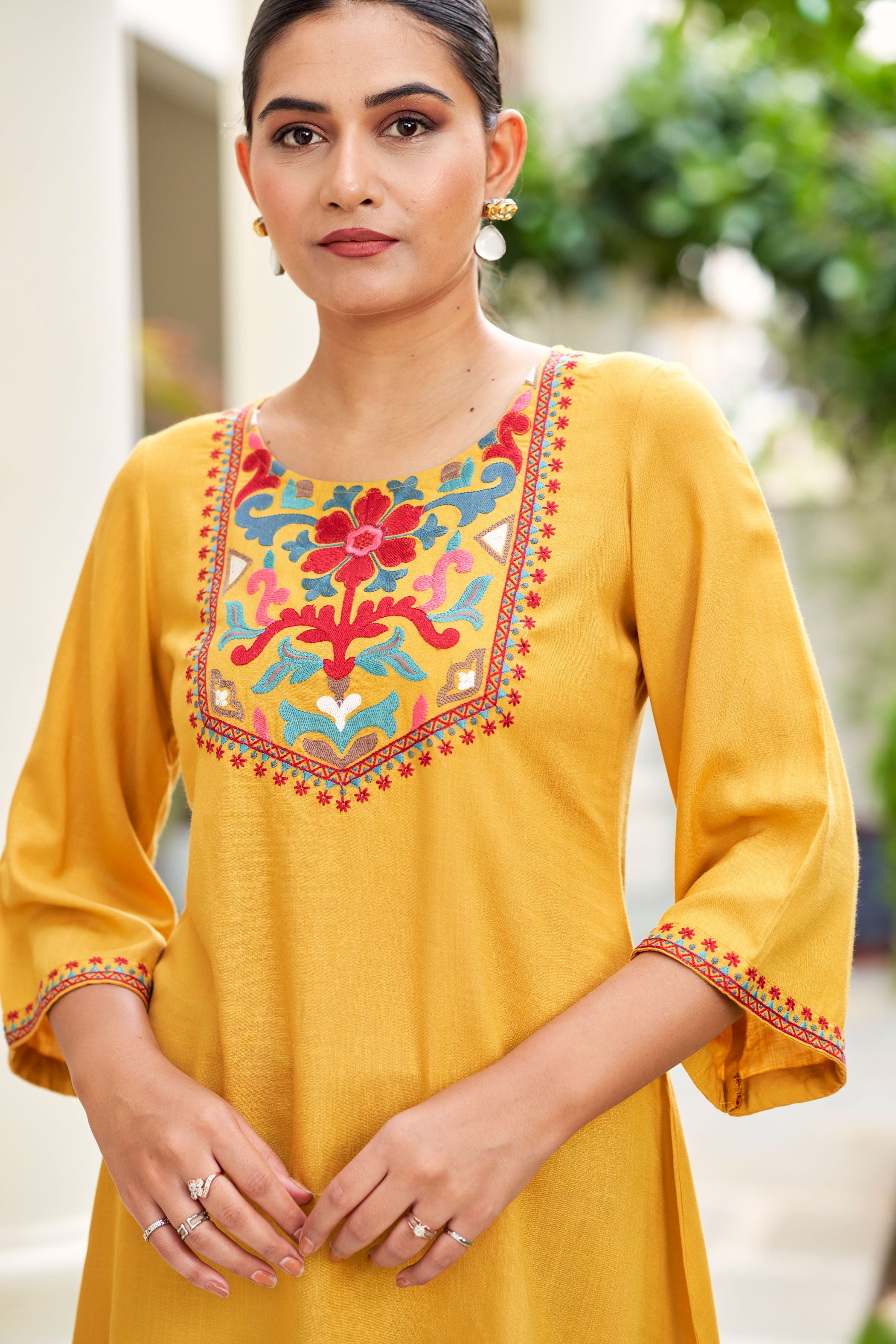 Mustard Yellow And Red Embroidered Flared Sleeves Thread Work Liva Straight Kurta