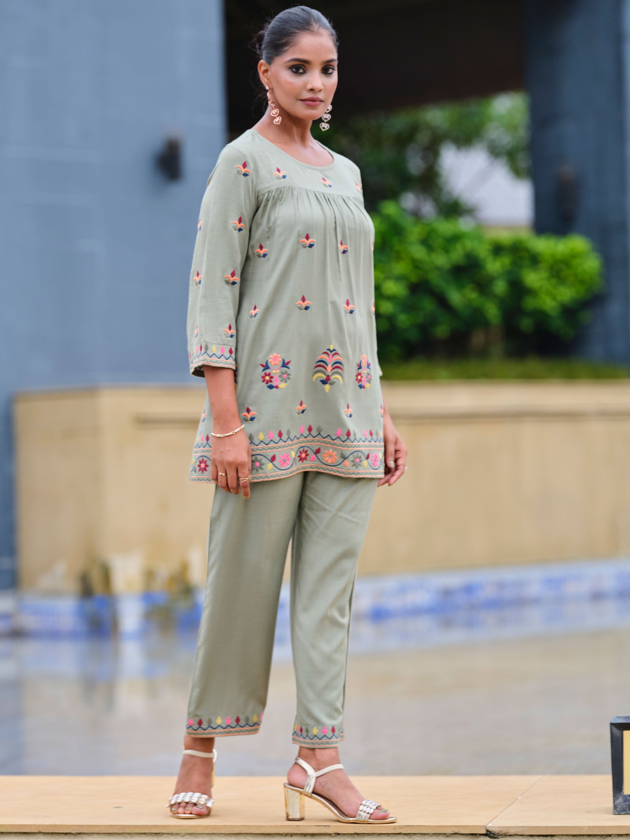Green Embroidered Liva Top With Trousers