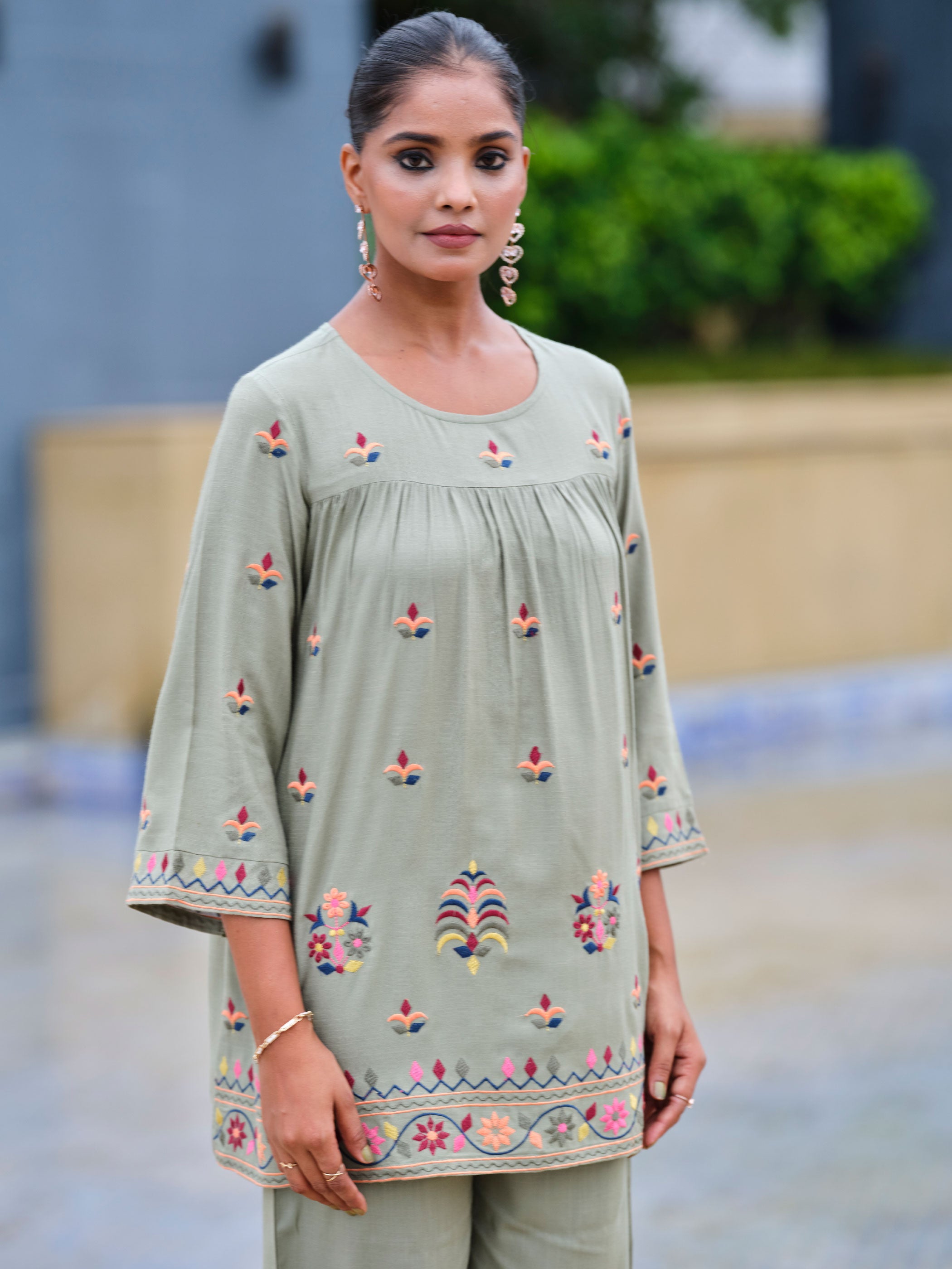 Green Embroidered Liva Top With Trousers