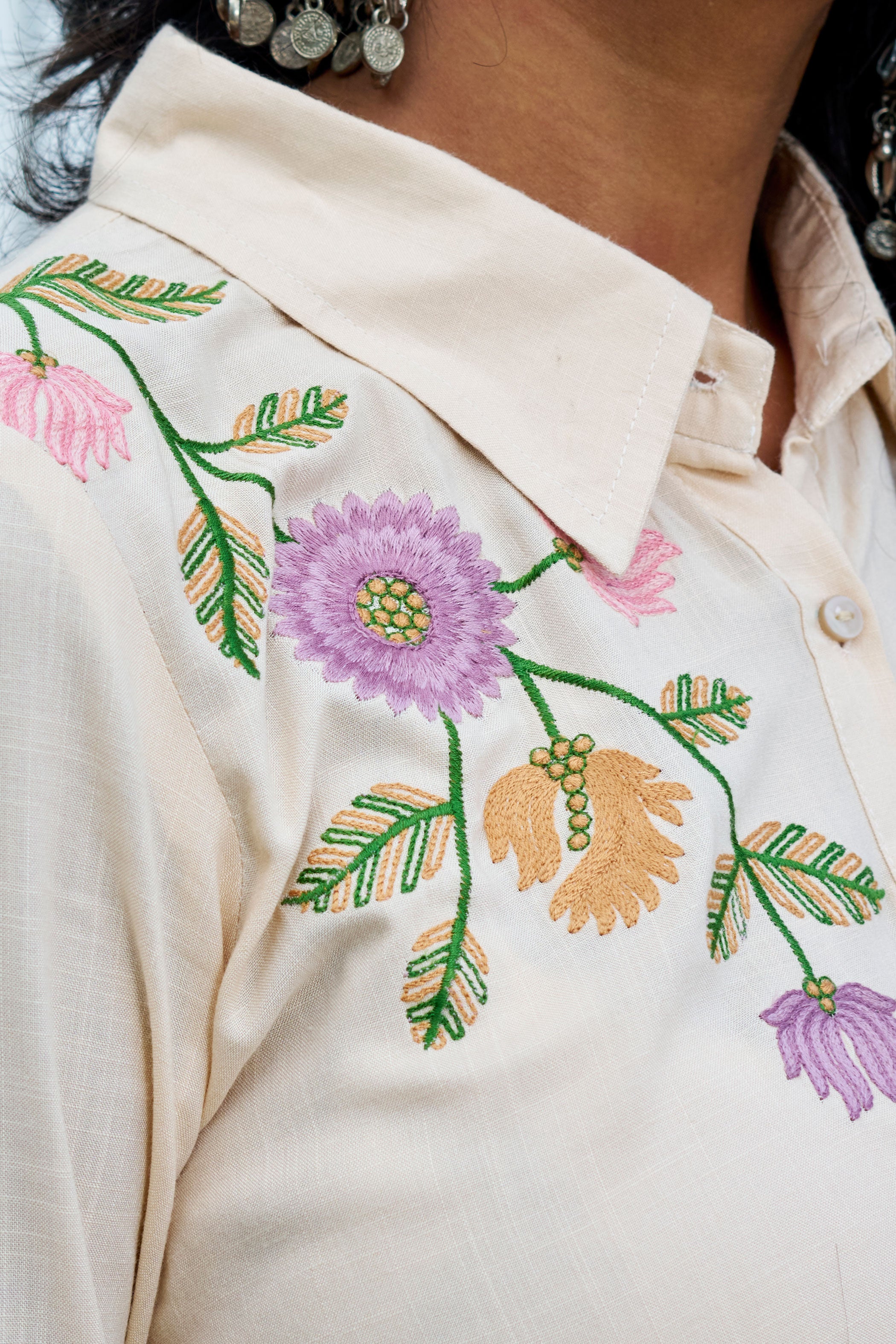 Beige Shirt Collar Embroidered Liva Shirt & Trouser