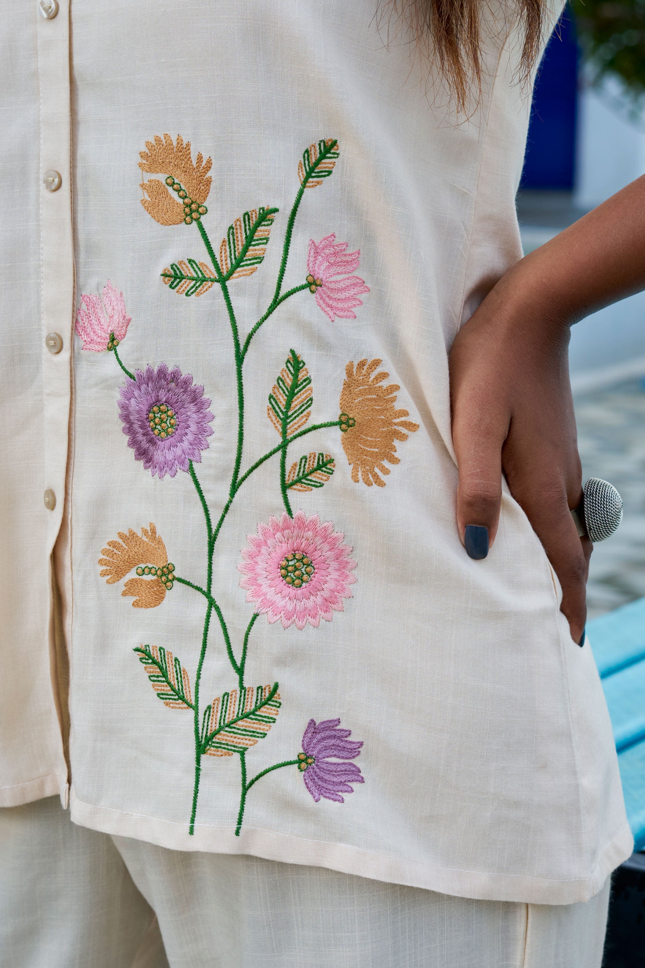 Beige Shirt Collar Embroidered Liva Shirt & Trouser