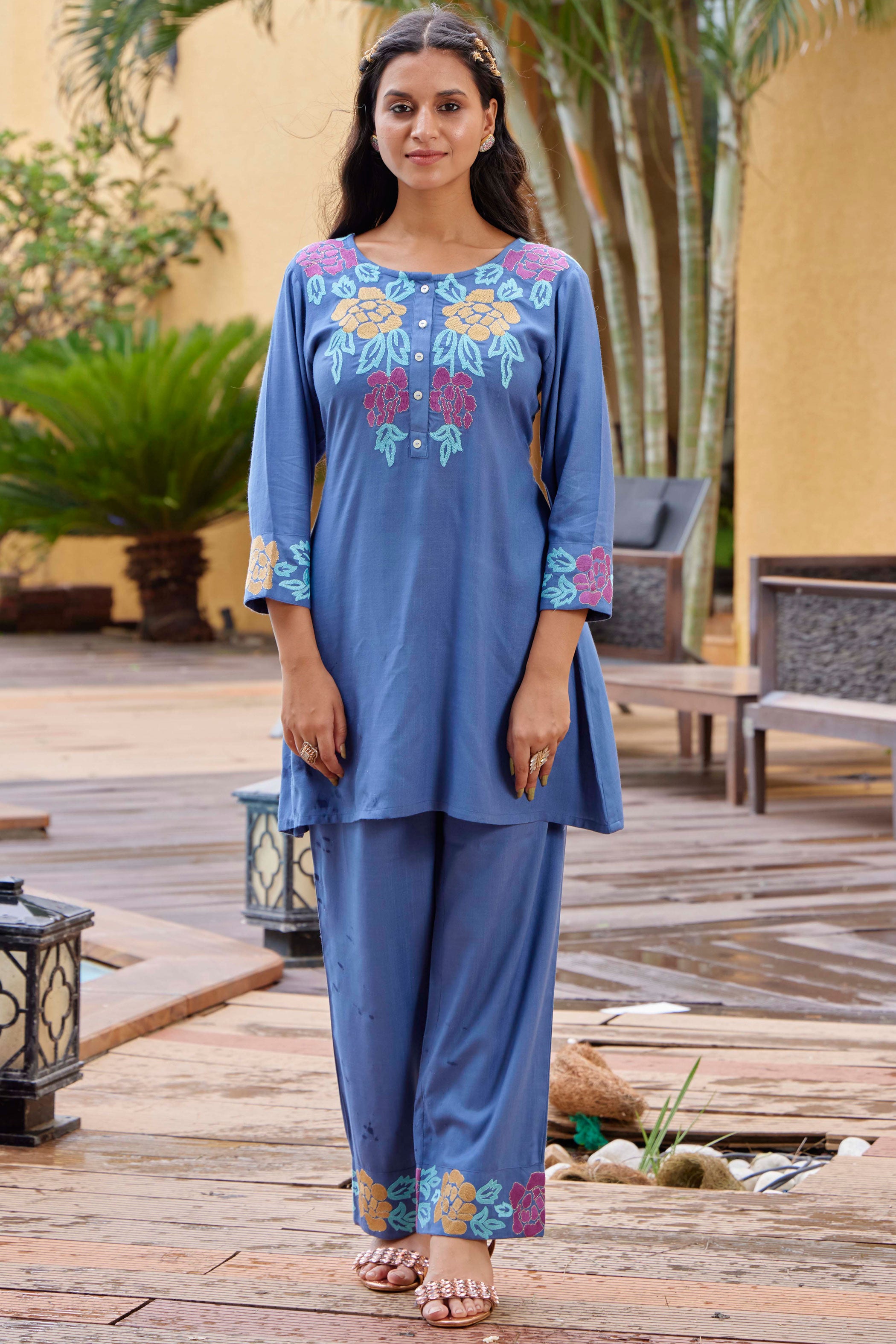 Blue Round Neck Embroidered Liva Top With Trousers