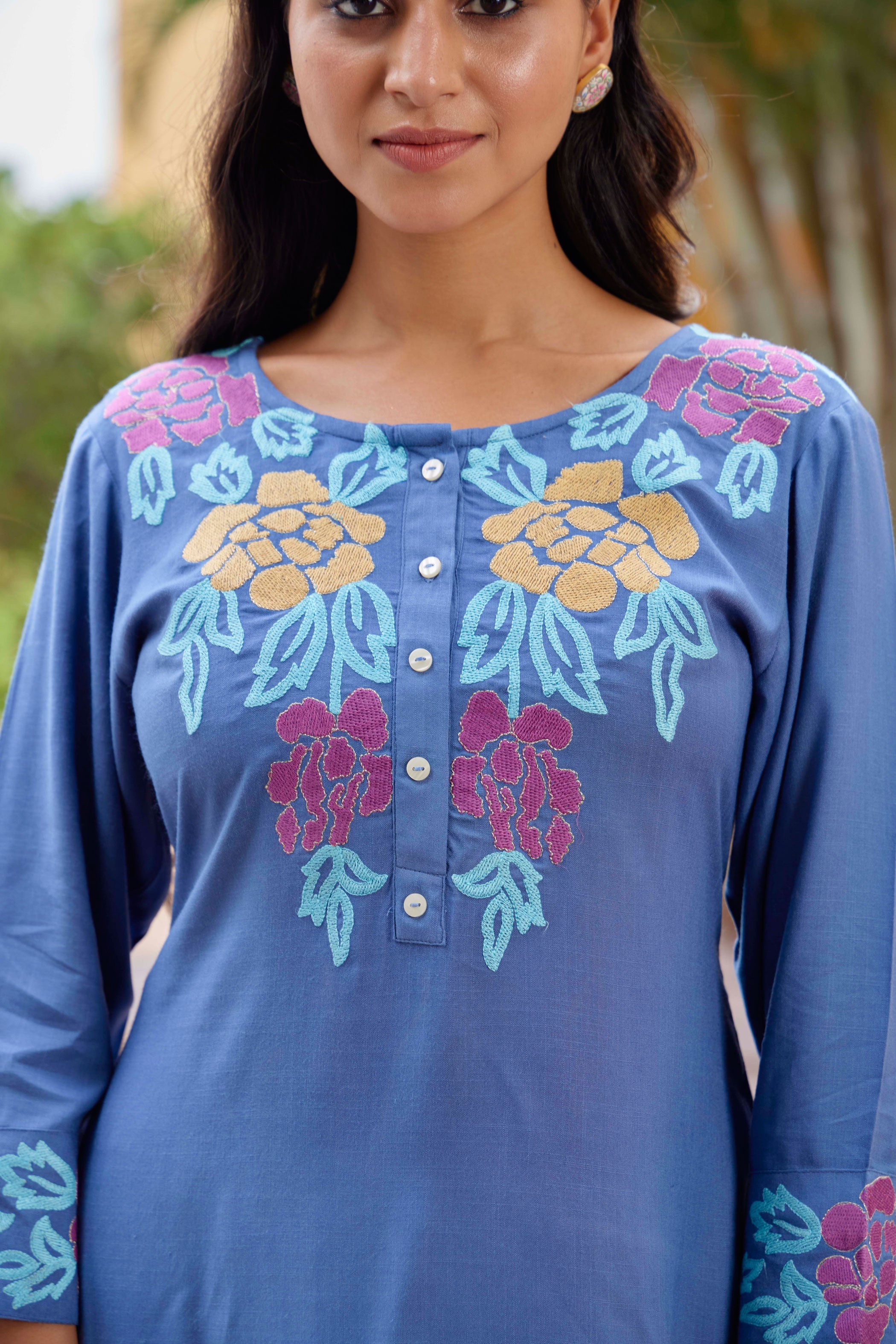 Blue Round Neck Embroidered Liva Top With Trousers