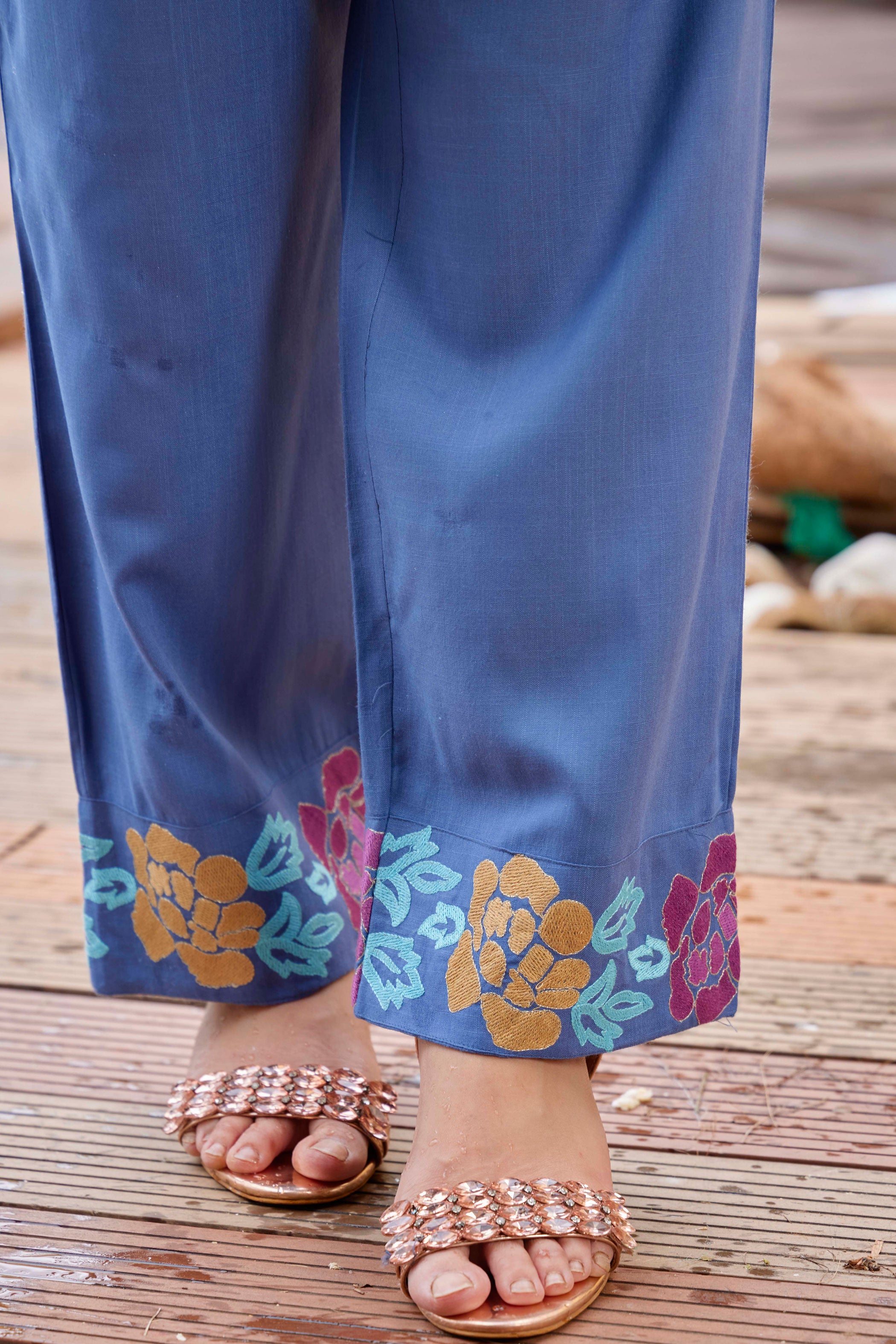 Blue Round Neck Embroidered Liva Top With Trousers