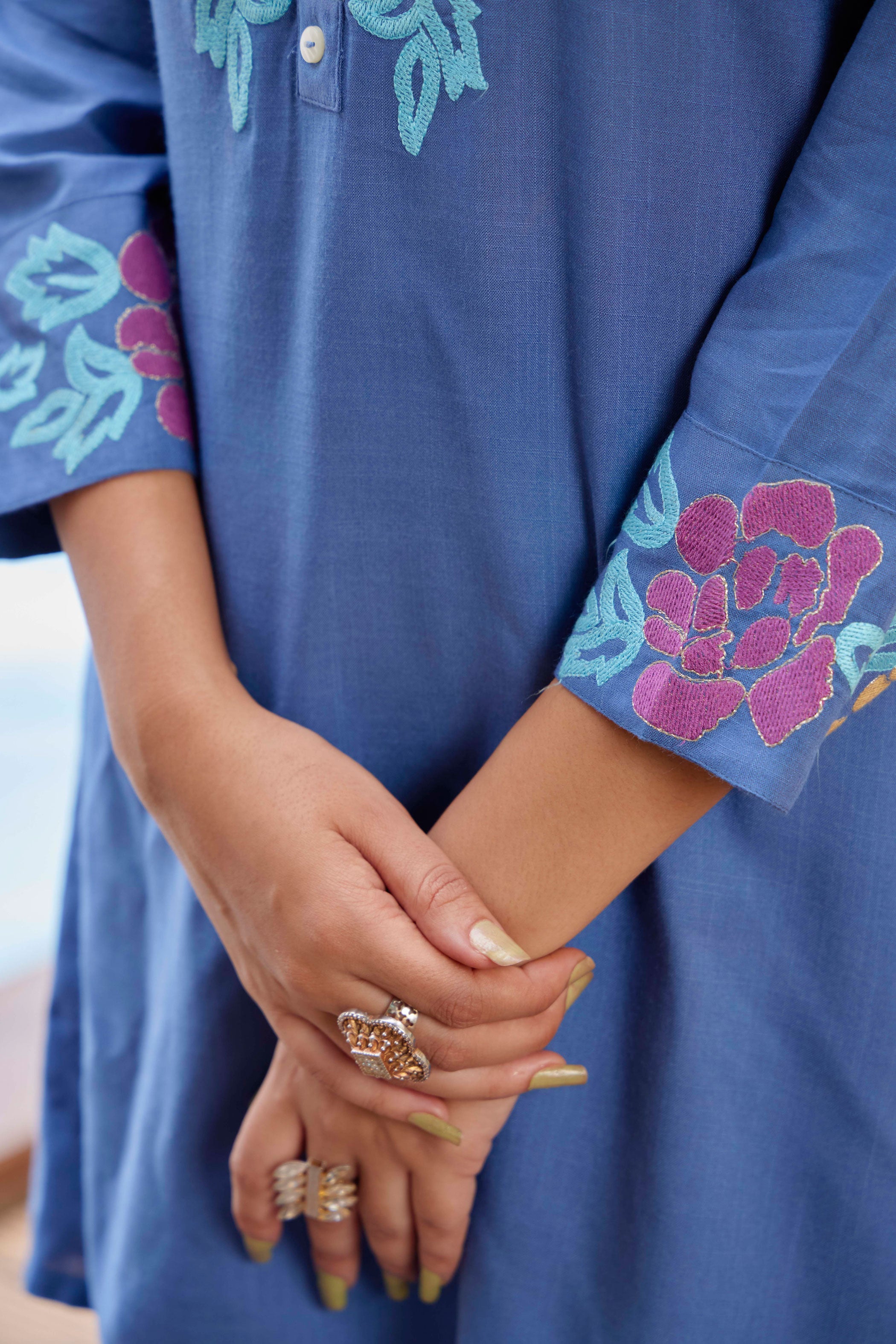 Blue Round Neck Embroidered Liva Top With Trousers