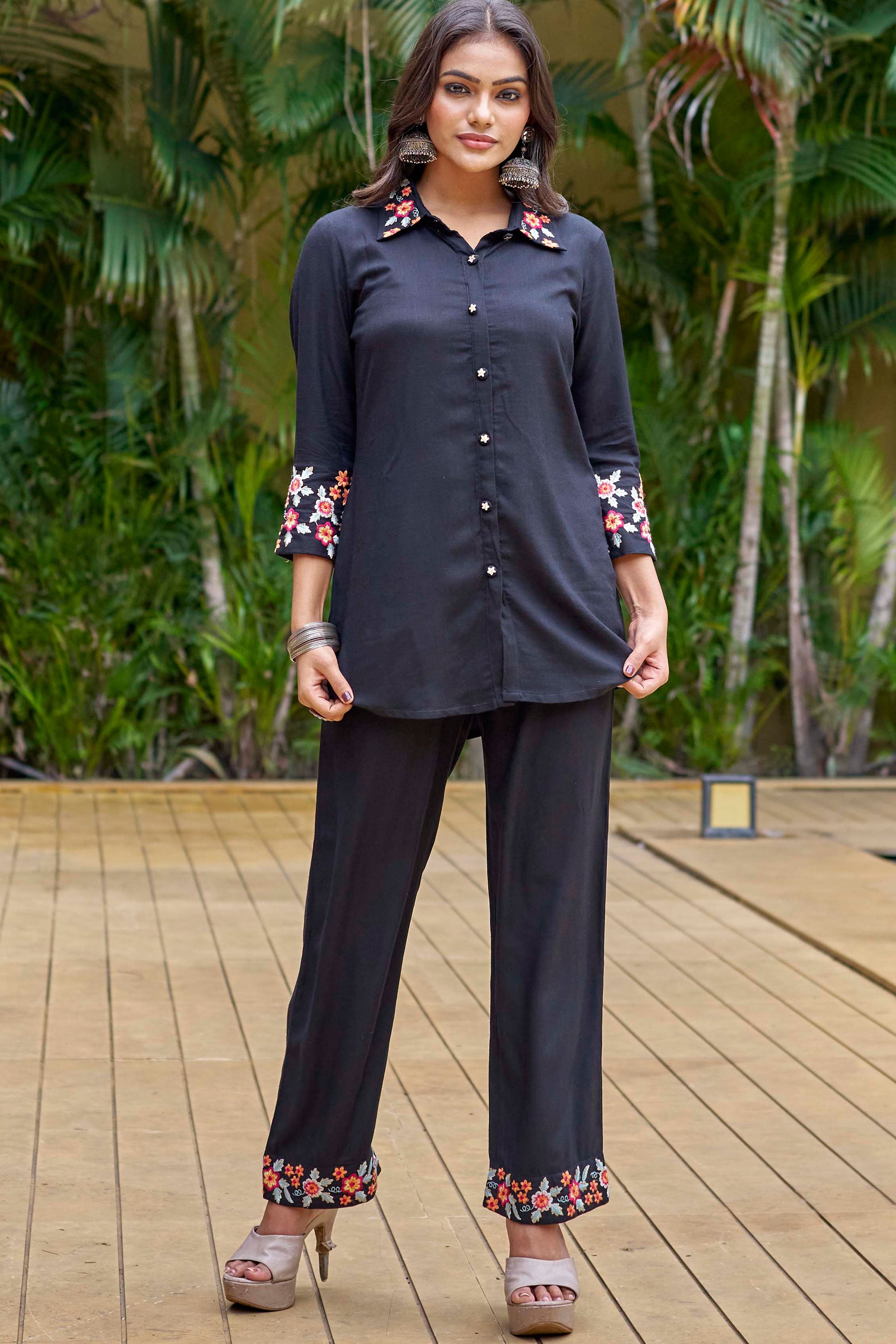 Black and Pink Embroidered Liva Shirt & Trouser