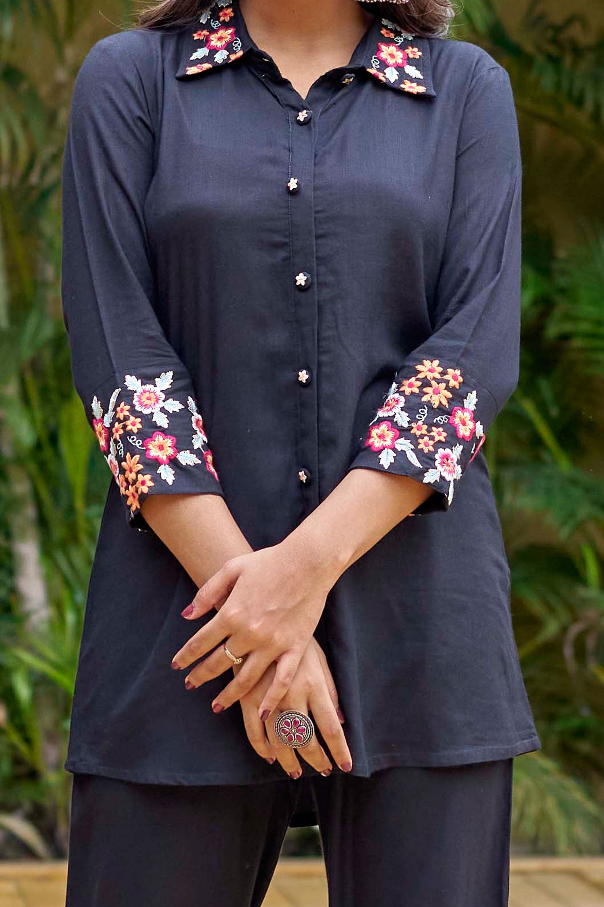 Black and Pink Embroidered Liva Shirt & Trouser