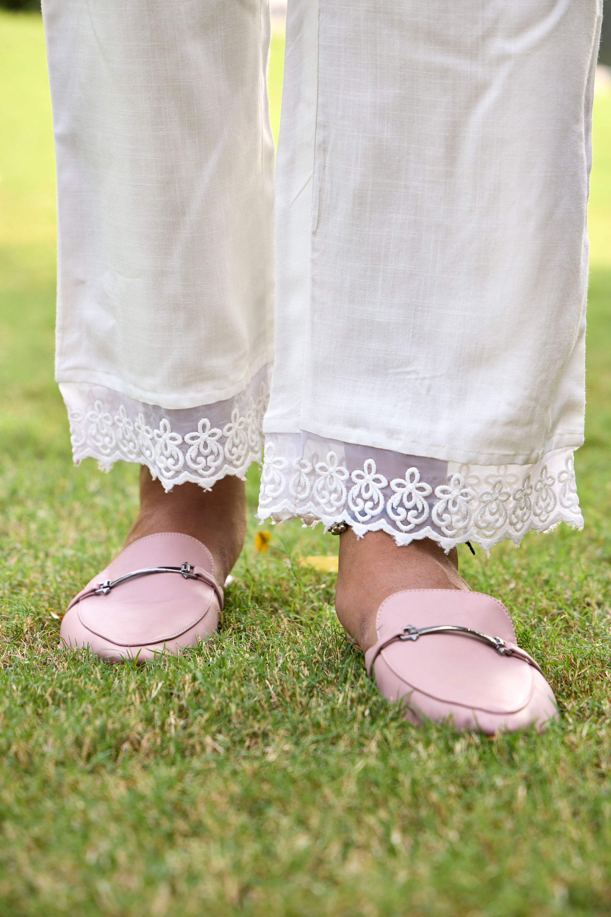 White Floral Embroidered Shirt Collar Top with Palazzo