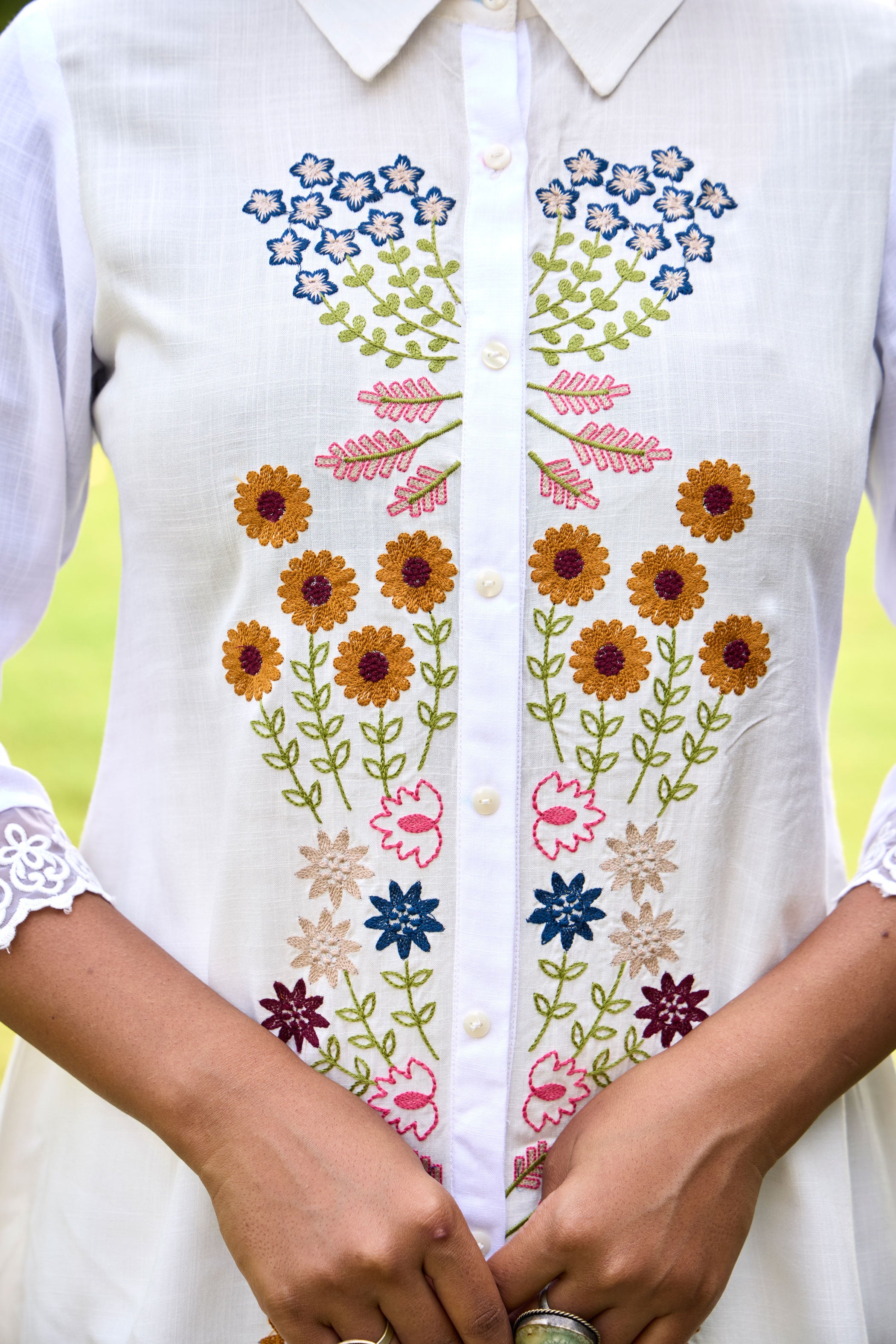 White Floral Embroidered Shirt Collar Top with Palazzo