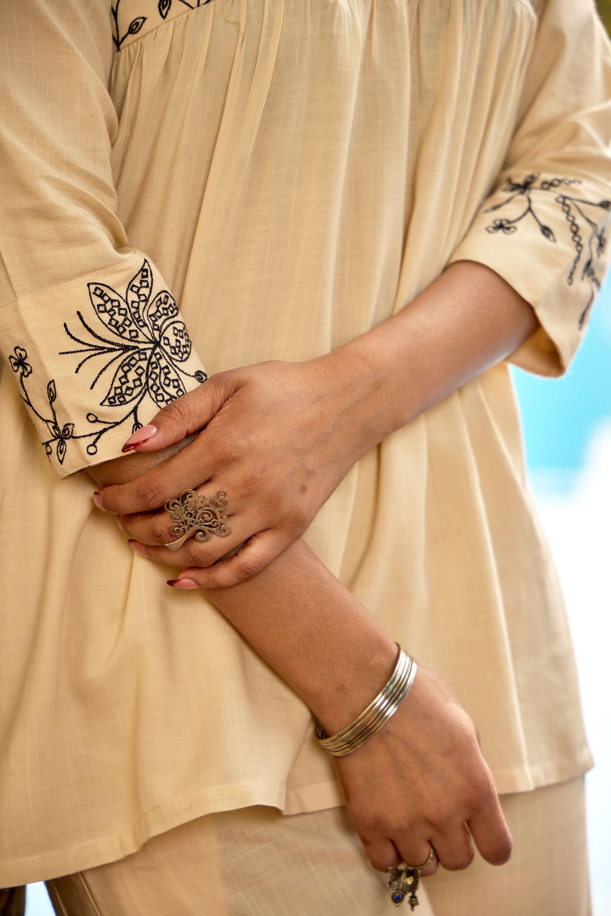 Cream & Black Floral Embroidered Thread Work Tunic With Palazzos