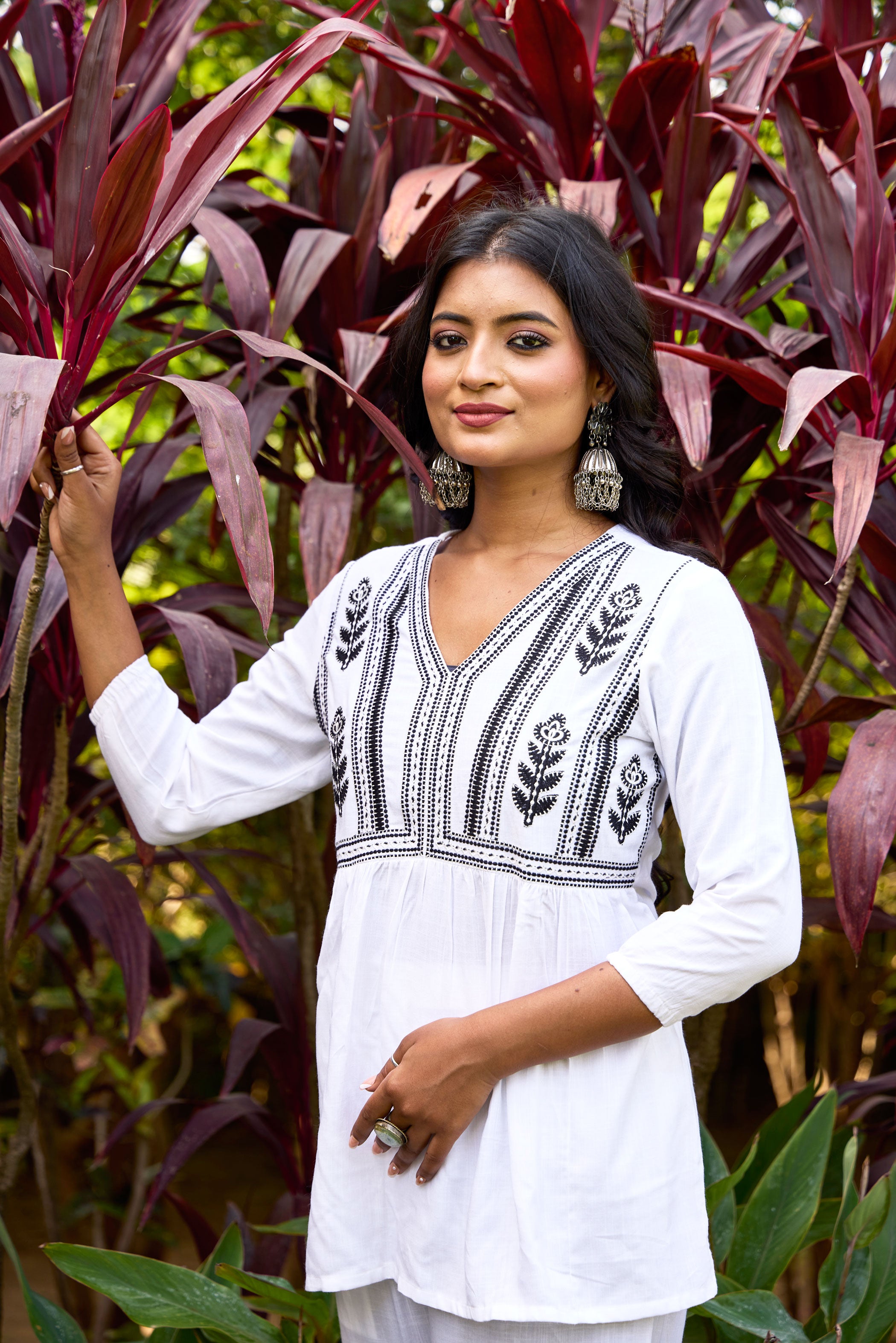 White Floral Embroidered V-Neck Top With Trousers