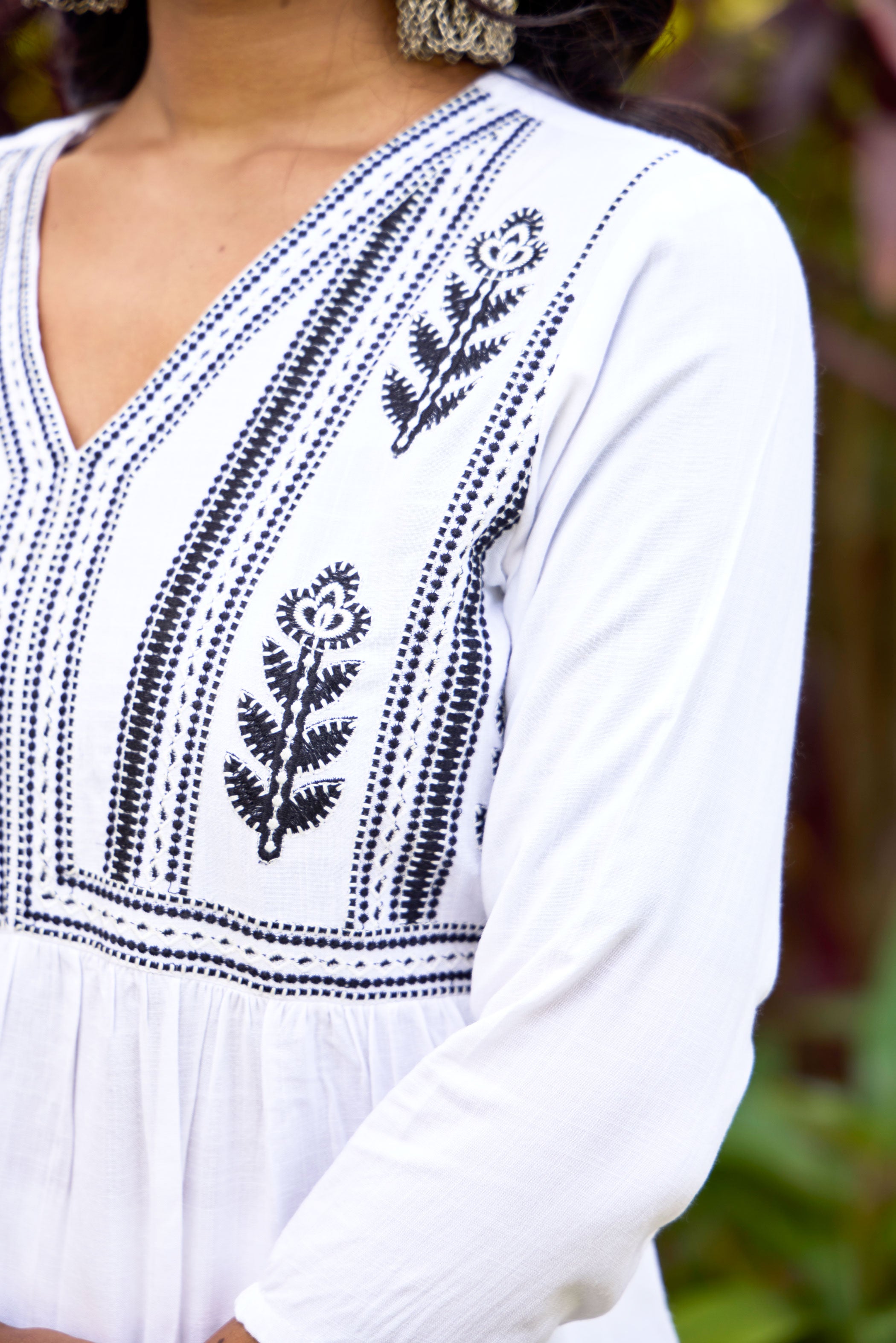 White Floral Embroidered V-Neck Top With Trousers
