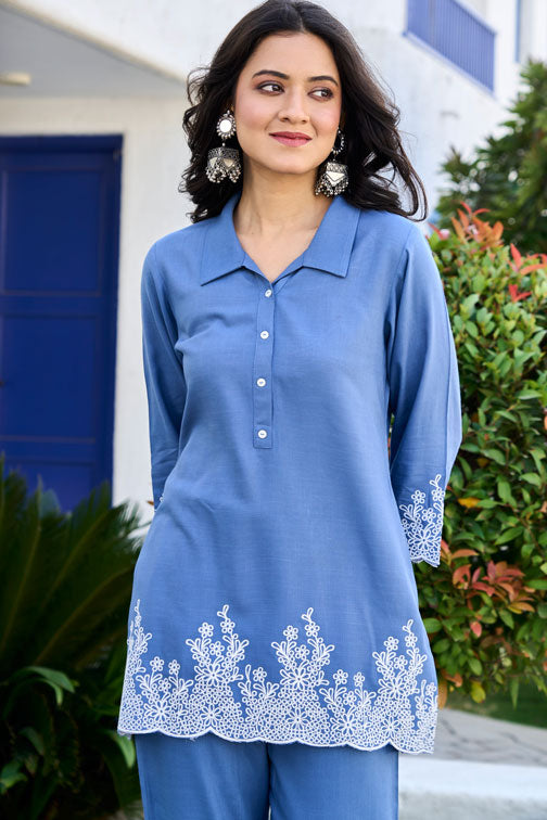 Floral Embroidered Shirt Collar Neck Tunic With Trousers