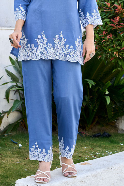 Floral Embroidered Shirt Collar Neck Tunic With Trousers