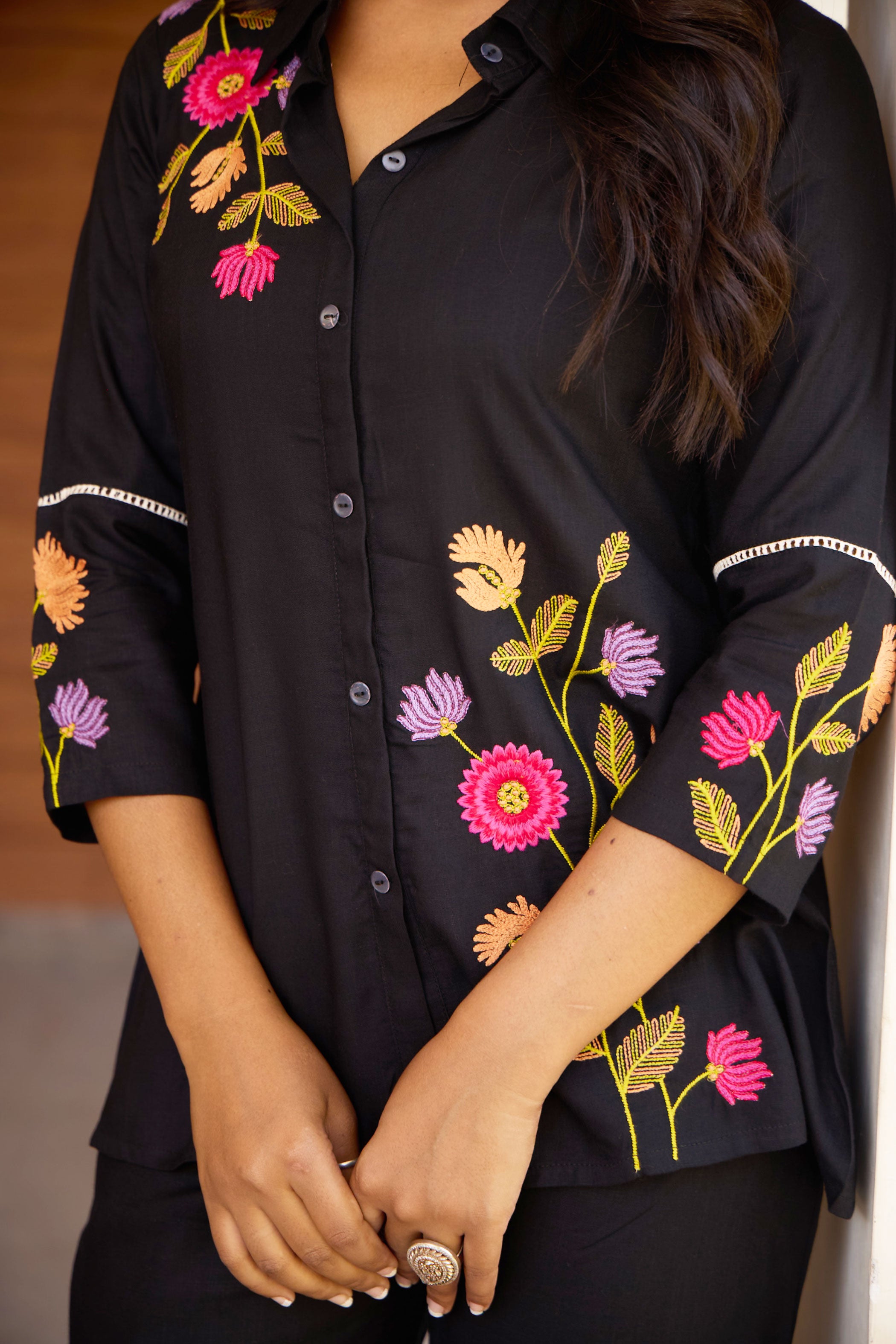 Embroidered Shirt Collared Top With Trousers Co-Ords