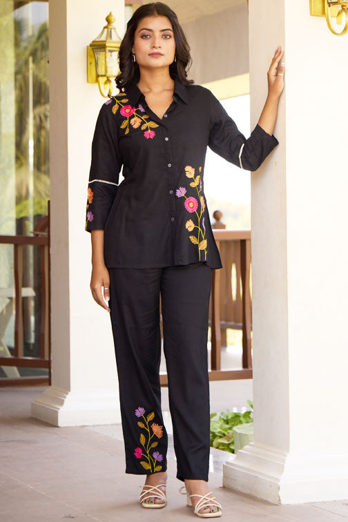 Embroidered Shirt Collared Top With Trousers Co-Ords